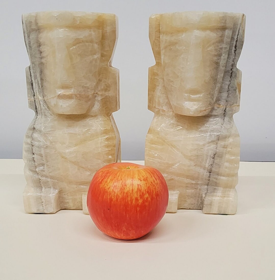 Vintage Large Tiki Man Marble Alabaster Bookends Bust Sculpture Book Holder - 3