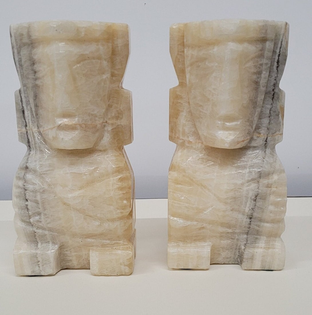 Vintage Large Tiki Man Marble Alabaster Bookends Bust Sculpture Book Holder - 4