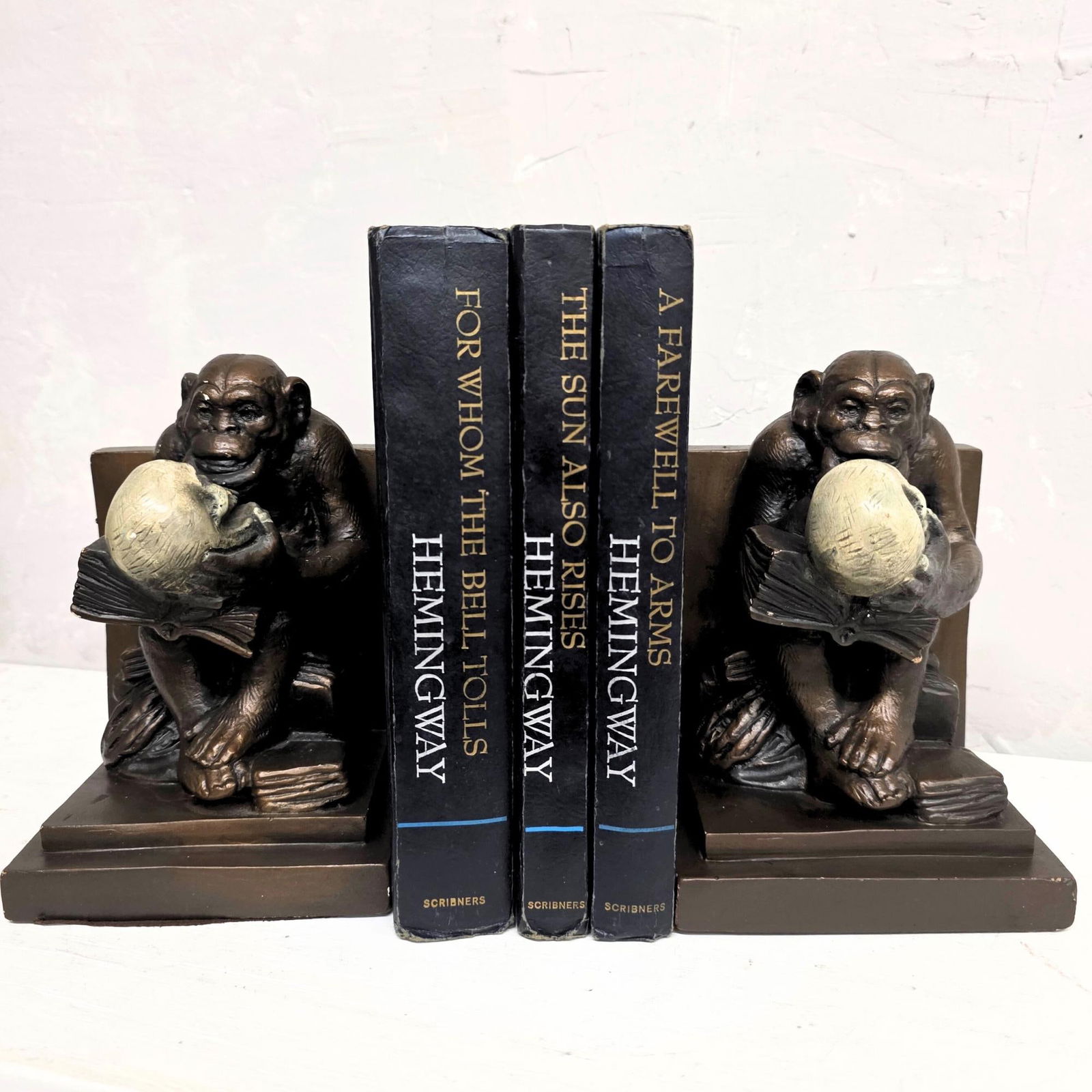 Vintage Castlecore Monkey Bookends Mid Century Chalkware Evolution Sculpture Pair Philosophical: Title: Vintage Castlecore Monkey Bookends Mid Century Chalkware Evolution Sculpture Pair Philosophical Chimp Skull 7.5” Tall Darwin Door Stops Description: Vintage from the 1980s Materials: