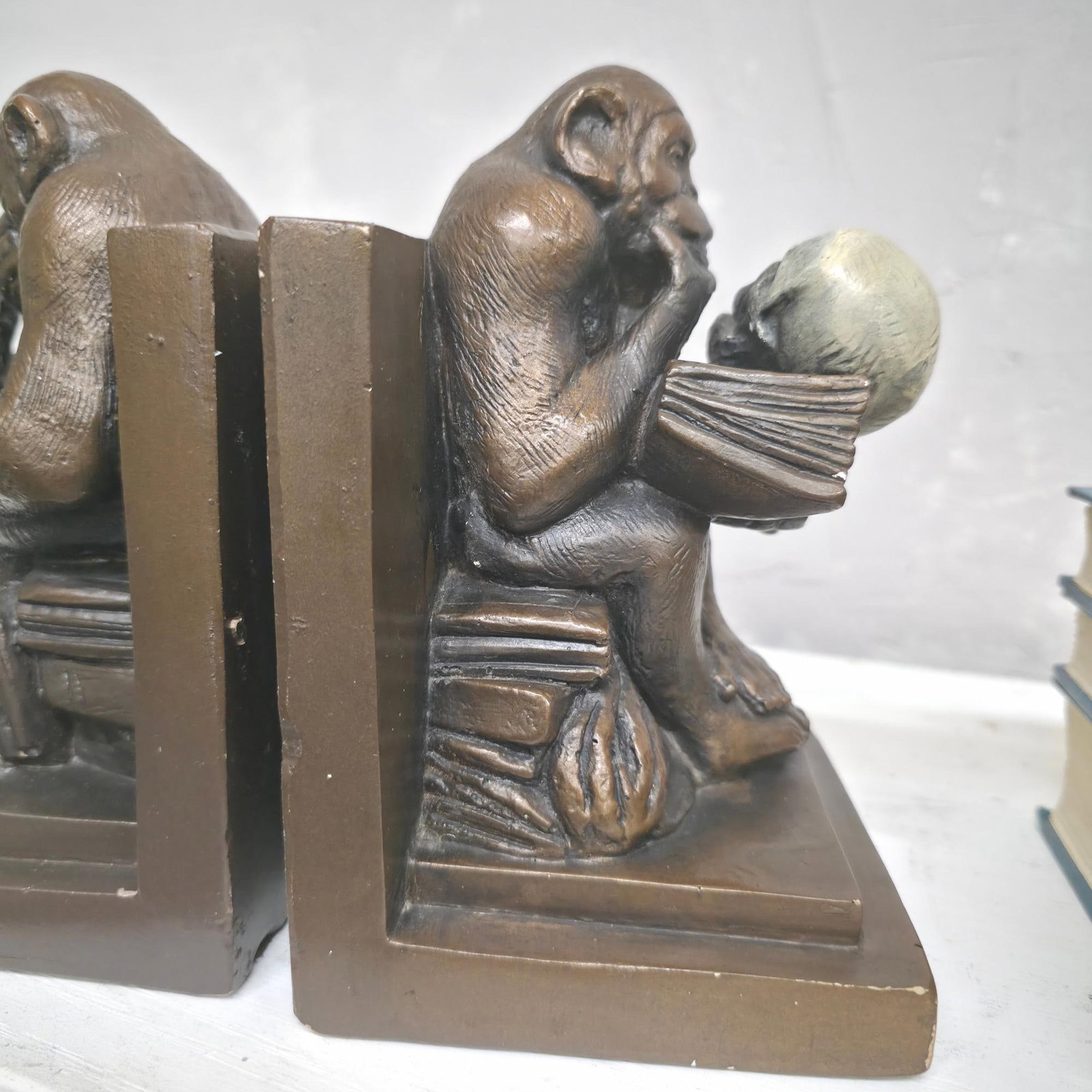 Vintage Castlecore Monkey Bookends Mid Century Chalkware Evolution Sculpture Pair Philosophical - 2