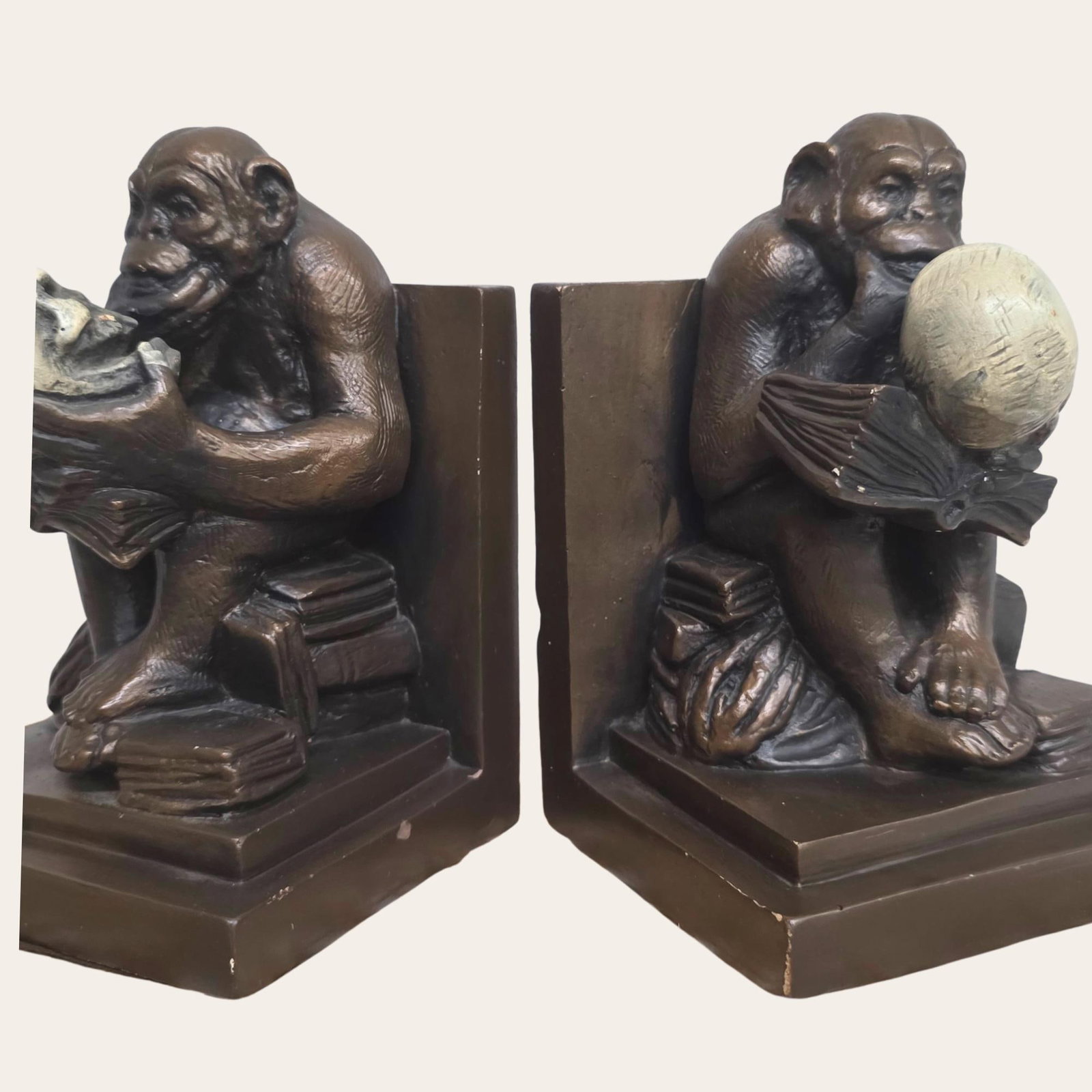 Vintage Castlecore Monkey Bookends Mid Century Chalkware Evolution Sculpture Pair Philosophical - 4
