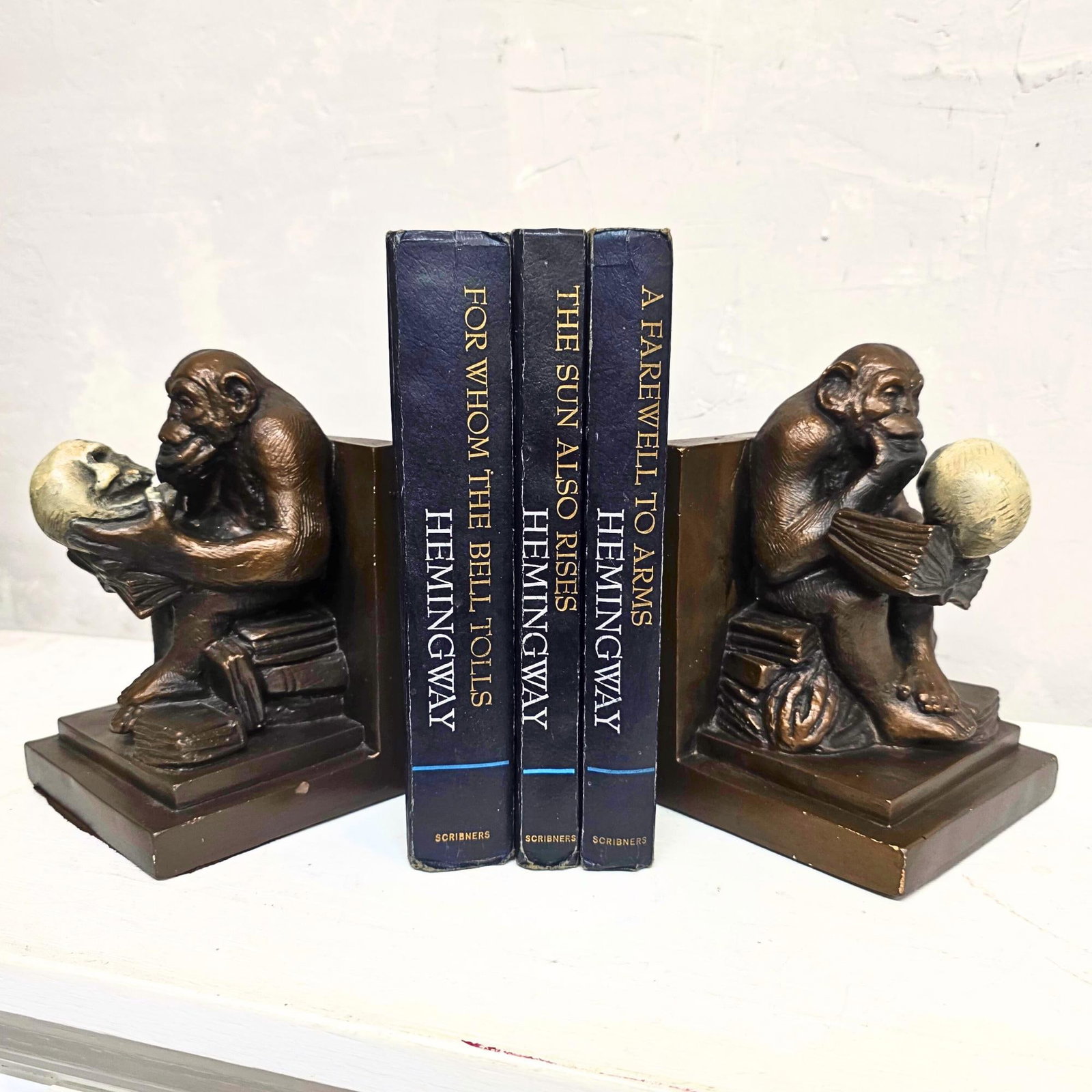 Vintage Castlecore Monkey Bookends Mid Century Chalkware Evolution Sculpture Pair Philosophical - 6