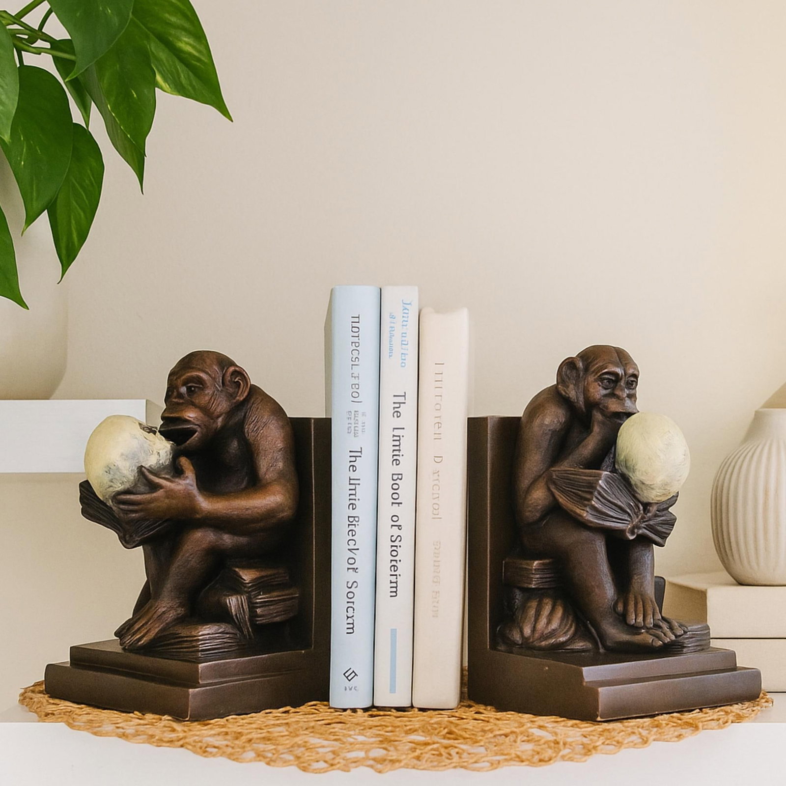 Vintage Castlecore Monkey Bookends Mid Century Chalkware Evolution Sculpture Pair Philosophical - 7