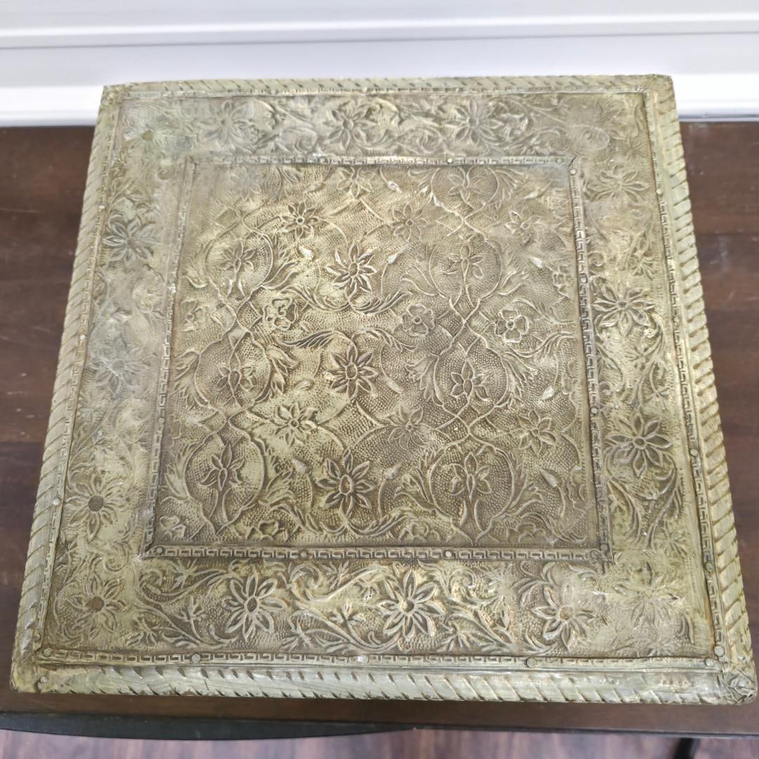 Vintage Brass Embossed Riser Plant Stand Mini Table Indian Bajot Style Low Pedestal Floral - 3