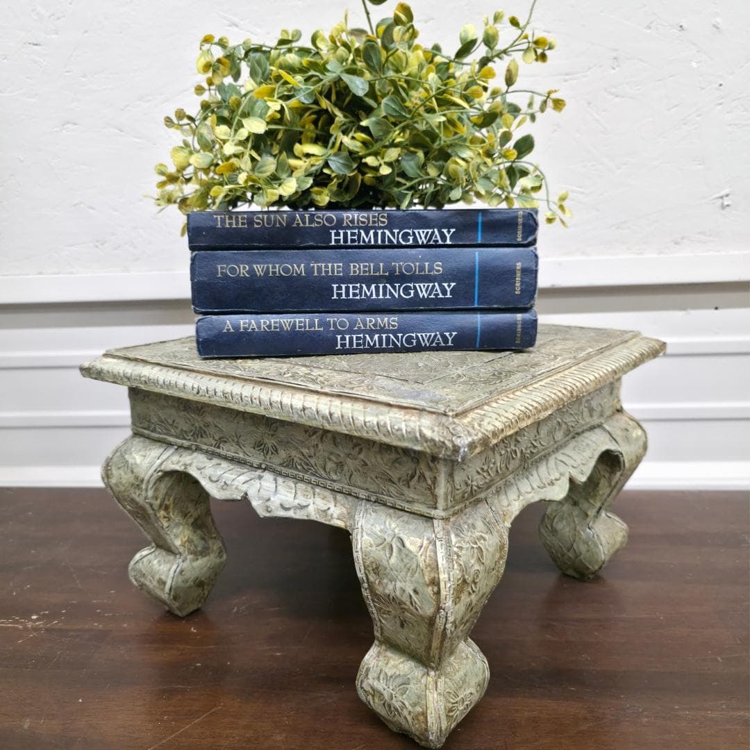 Vintage Brass Embossed Riser Plant Stand Mini Table Indian Bajot Style Low Pedestal Floral - 4