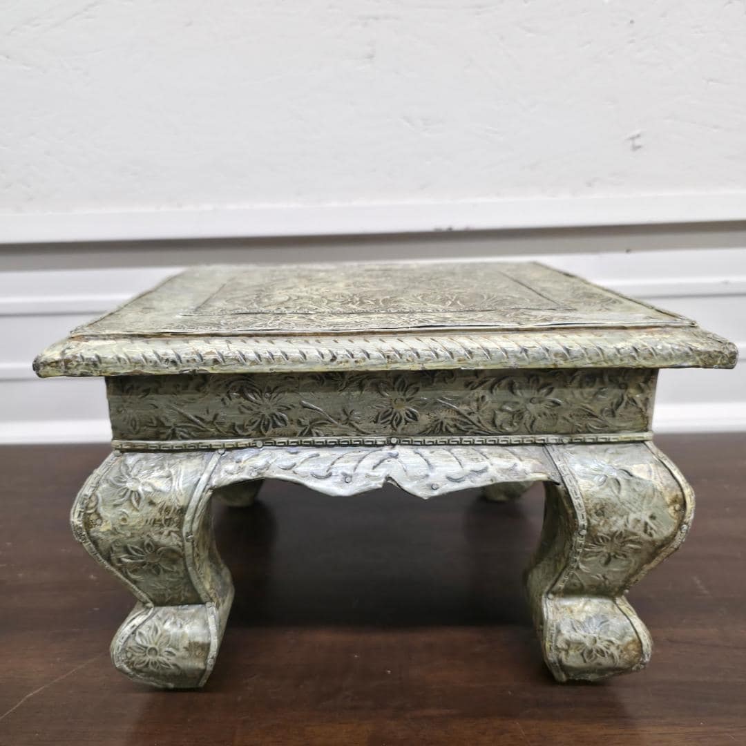 Vintage Brass Embossed Riser Plant Stand Mini Table Indian Bajot Style Low Pedestal Floral - 6