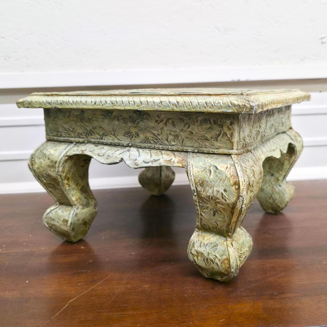 Vintage Brass Embossed Riser Plant Stand Mini Table Indian Bajot Style Low Pedestal Floral - 8