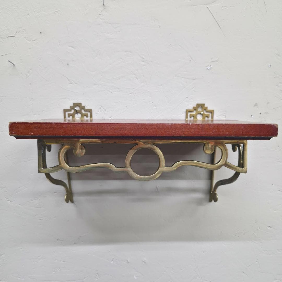 Vintage Brass Wall Shelf Wood Top Small Mounted Display Regency Gallery Brackets 12.5 - 3