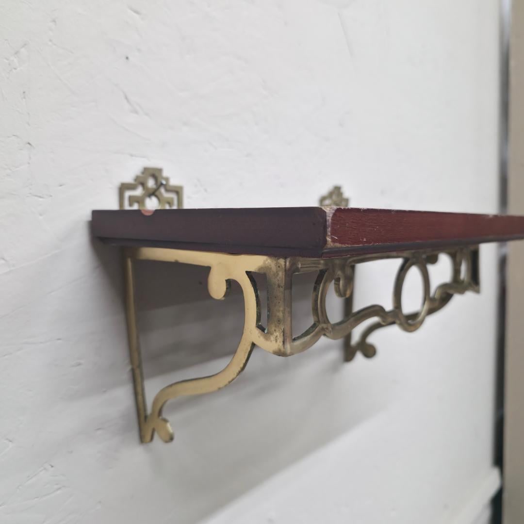 Vintage Brass Wall Shelf Wood Top Small Mounted Display Regency Gallery Brackets 12.5 - 6