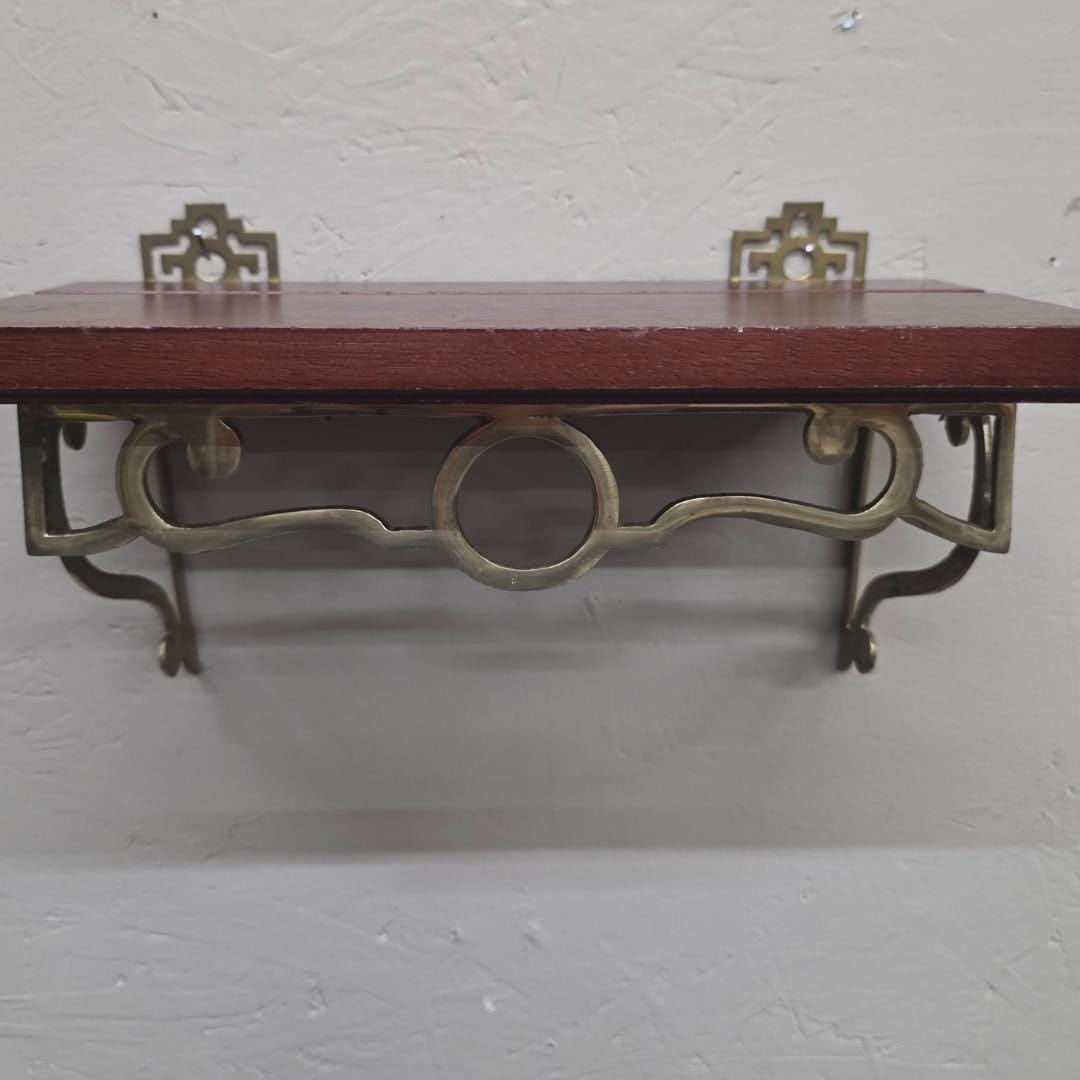 Vintage Brass Wall Shelf Wood Top Small Mounted Display Regency Gallery Brackets 12.5 - 7