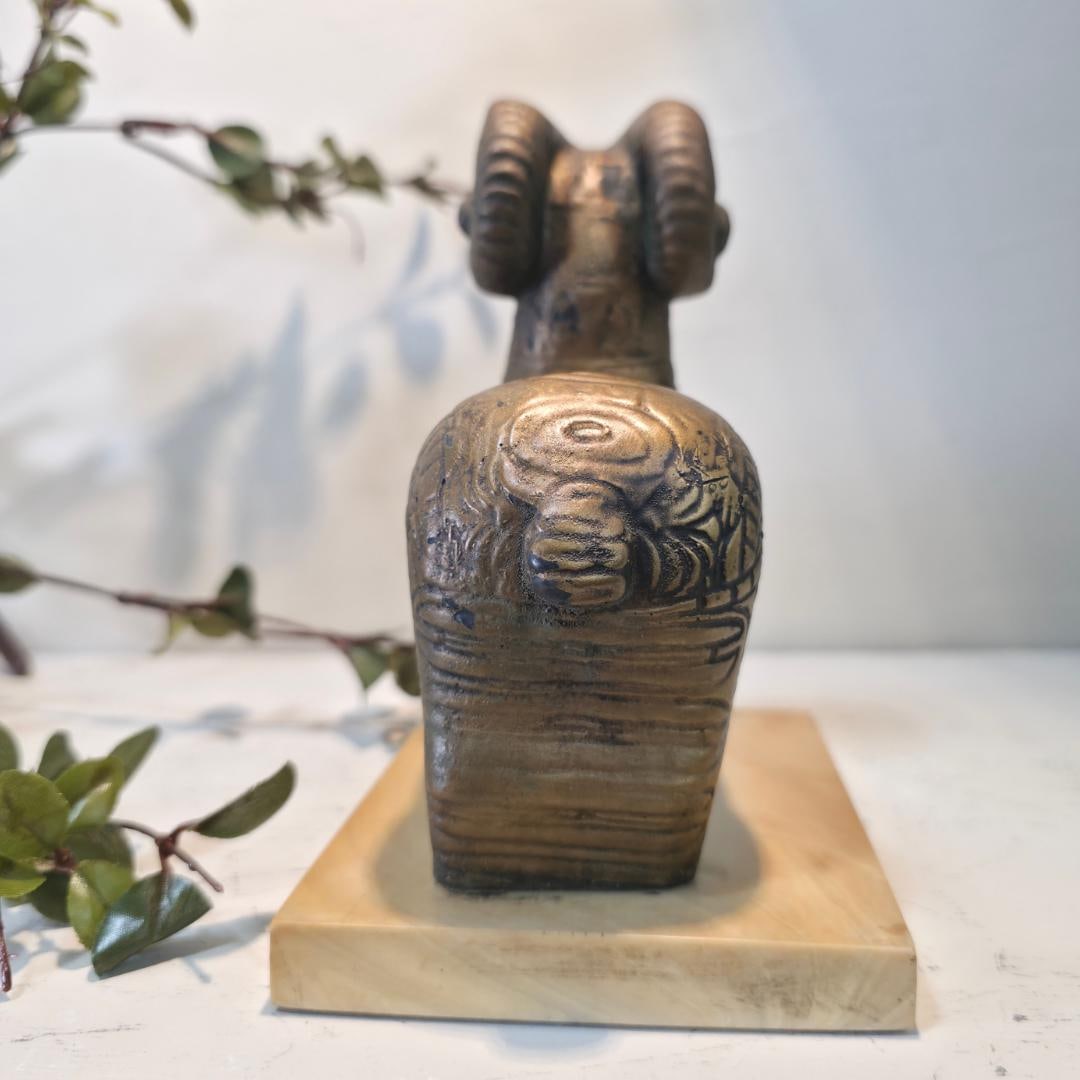 Vintage Mid Century Ram Sculpture on Stone Base Bronze Finish Ceramic Animal Figurine |Modernist - 2