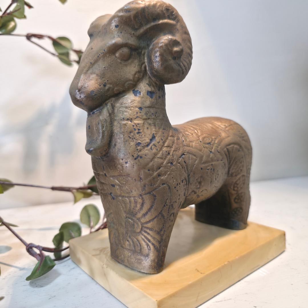 Vintage Mid Century Ram Sculpture on Stone Base Bronze Finish Ceramic Animal Figurine |Modernist - 3