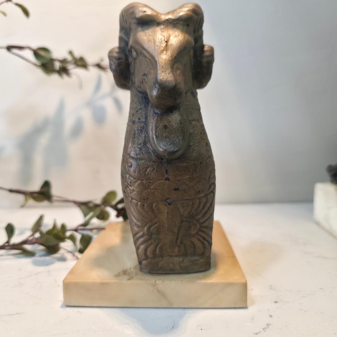 Vintage Mid Century Ram Sculpture on Stone Base Bronze Finish Ceramic Animal Figurine |Modernist - 5