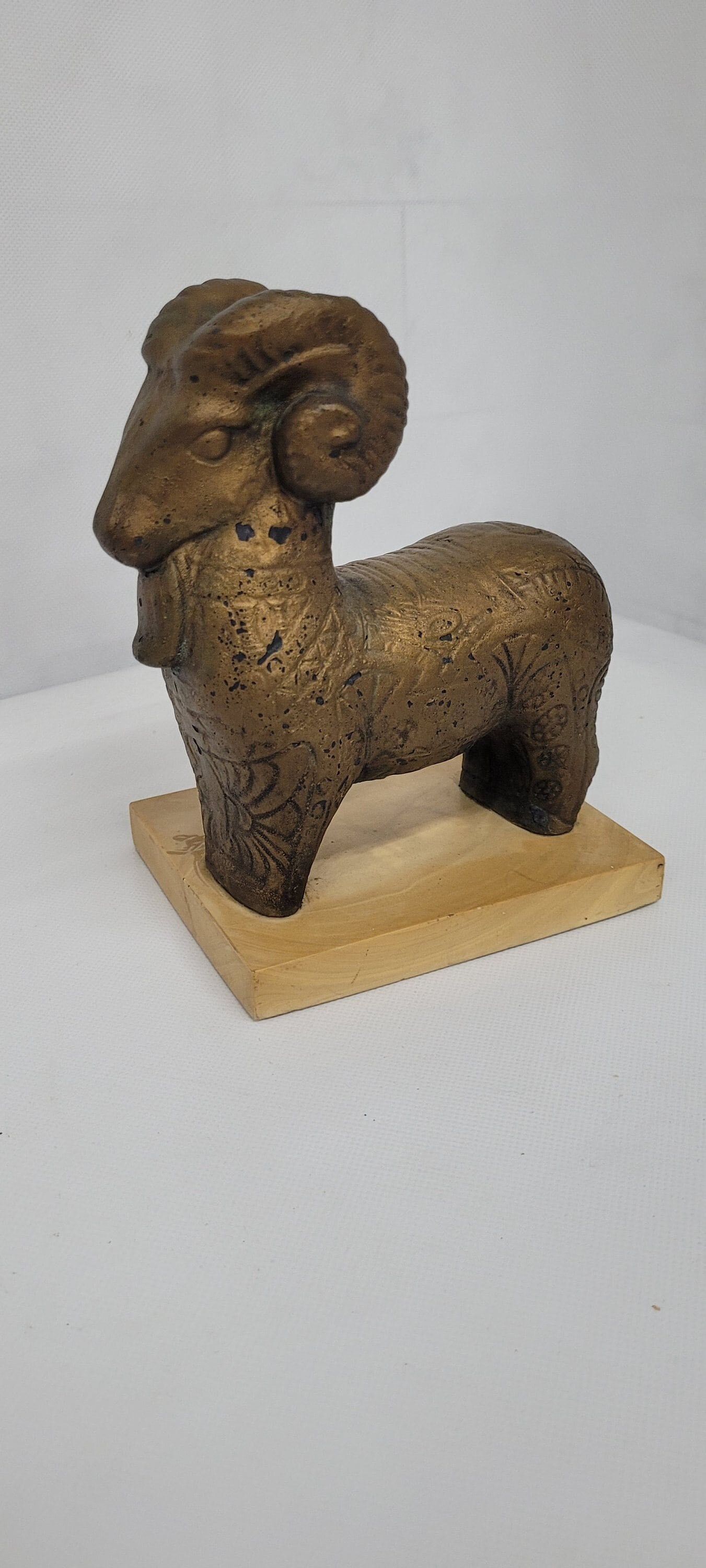 Vintage Mid Century Ram Sculpture on Stone Base Bronze Finish Ceramic Animal Figurine |Modernist - 6