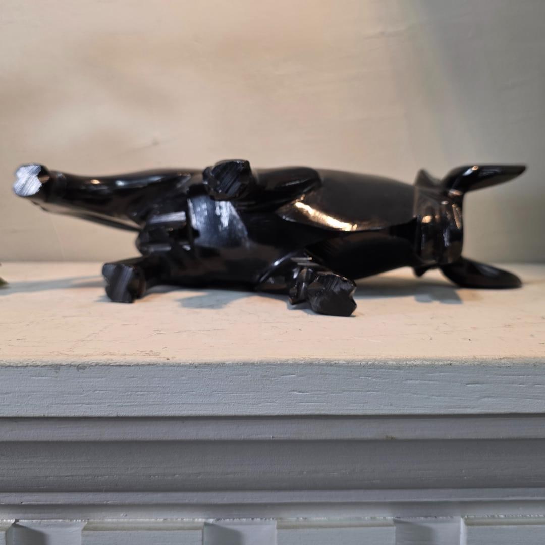 Vintage Black Stone Bull Sculpture Hand Carved Onyx Marble Figure Mid Century Modern Decor Taurus - 5