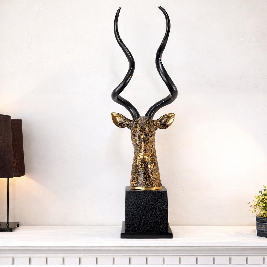 Large Antelope Bust Sculpture 41” Tall, Gilded Animal Head Floor Decor, Modern Safari: Title: Large Antelope Bust Sculpture 41” Tall, Gilded Animal Head Floor Decor, Modern Safari Statement Decor Description: Vintage from the 1980s Materials: Medium: Stone Width: 12 inches