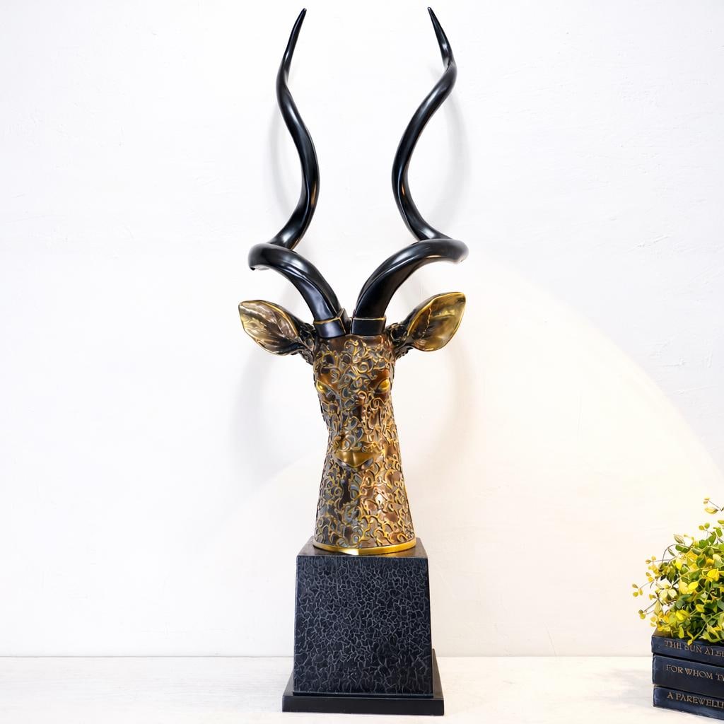 Large Antelope Bust Sculpture 41” Tall, Gilded Animal Head Floor Decor, Modern Safari - 2