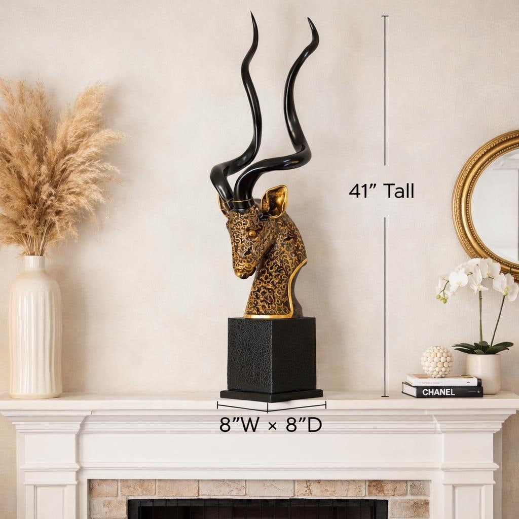 Large Antelope Bust Sculpture 41” Tall, Gilded Animal Head Floor Decor, Modern Safari - 3