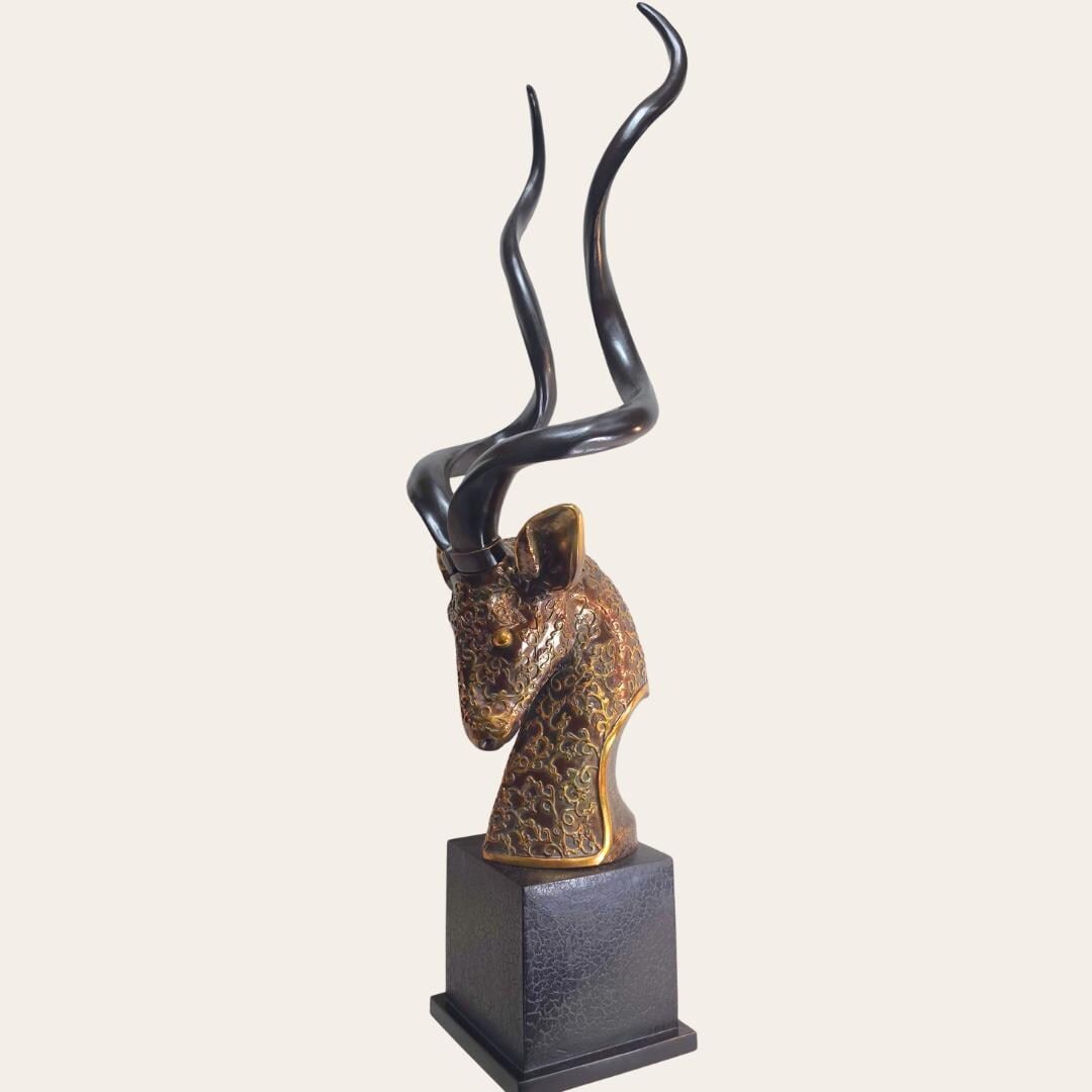 Large Antelope Bust Sculpture 41” Tall, Gilded Animal Head Floor Decor, Modern Safari - 4