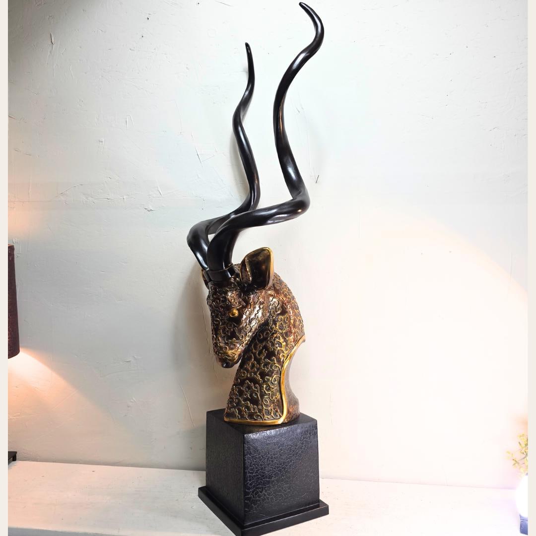 Large Antelope Bust Sculpture 41” Tall, Gilded Animal Head Floor Decor, Modern Safari - 5