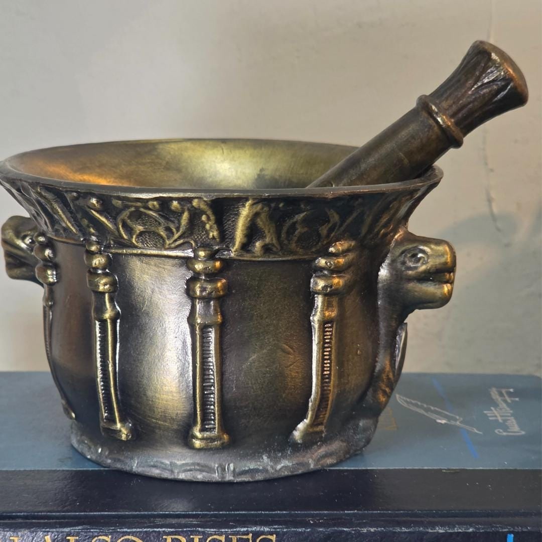 Vintage Brass Mortar and Pestle Animal Head Handles Apothecary Corludin Marked Old World Herbal - 4