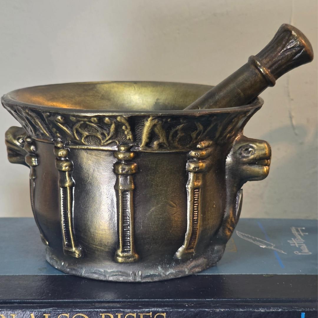Vintage Brass Mortar and Pestle Animal Head Handles Apothecary Corludin Marked Old World Herbal - 6