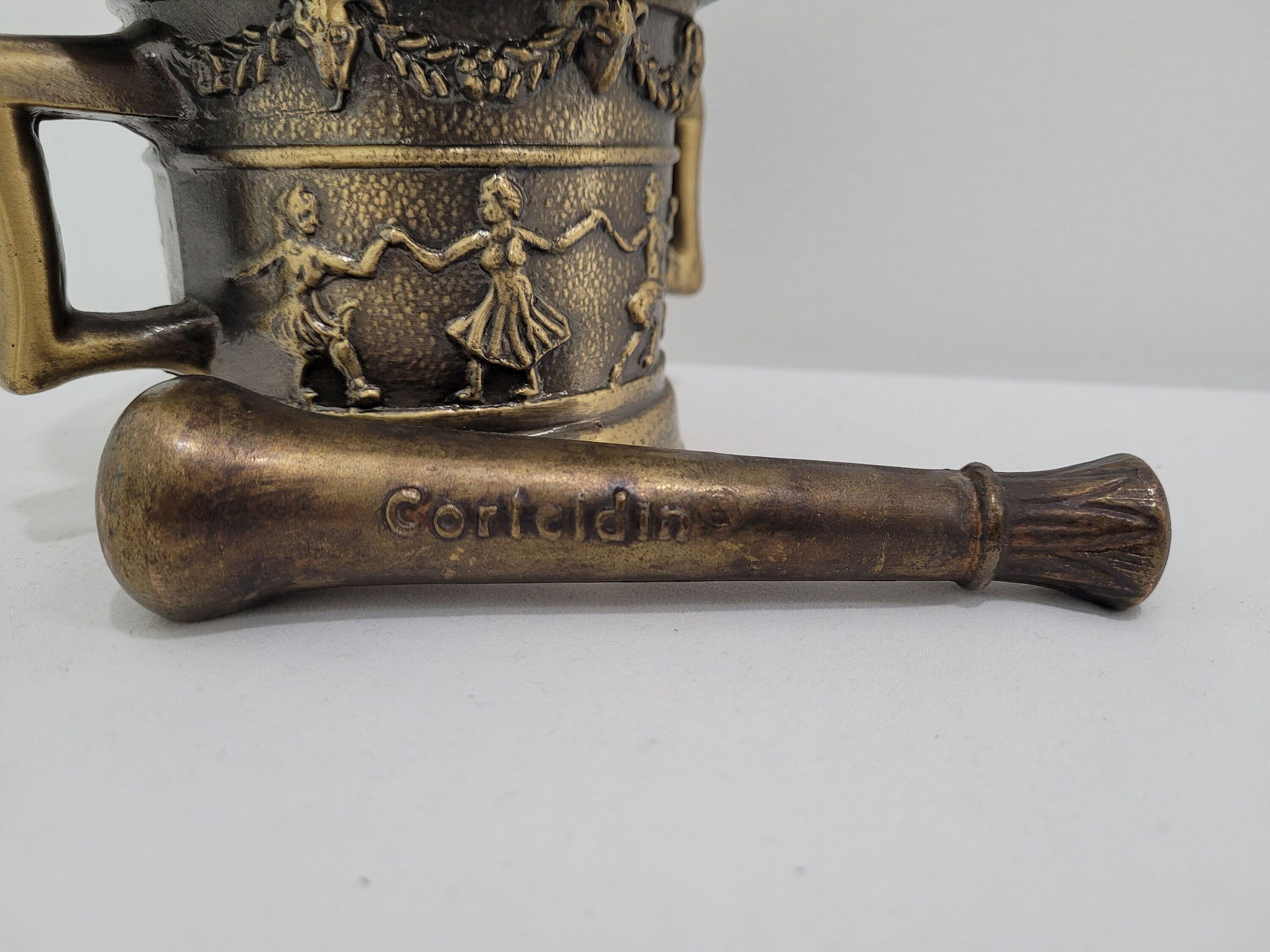 Vintage Brass Mortar and Pestle Classical Relief Old World Decor Library Shelf Accent Herbal Display - 6