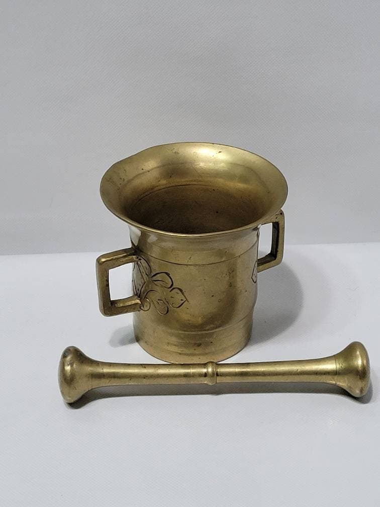 Antique Brass Mortar & Pestle European Apothecary Kitchen Décor Heavy Solid Brass Old World - 2