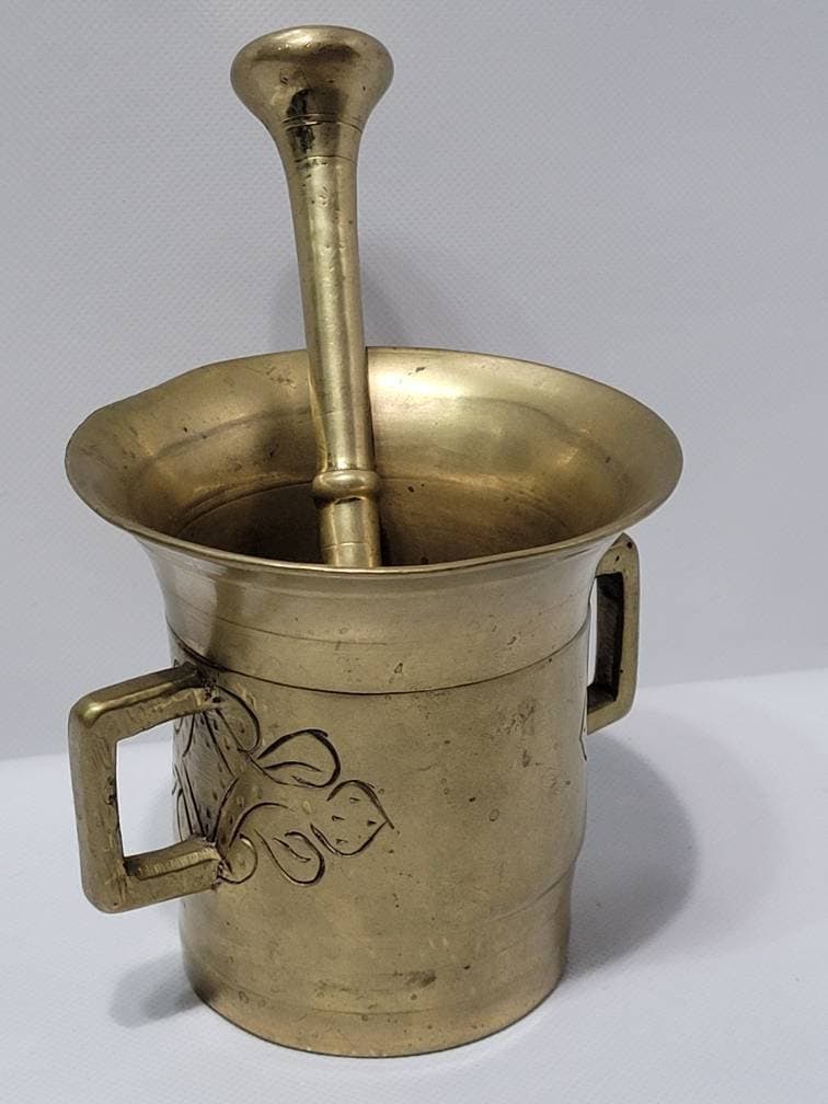 Antique Brass Mortar & Pestle European Apothecary Kitchen Décor Heavy Solid Brass Old World - 3