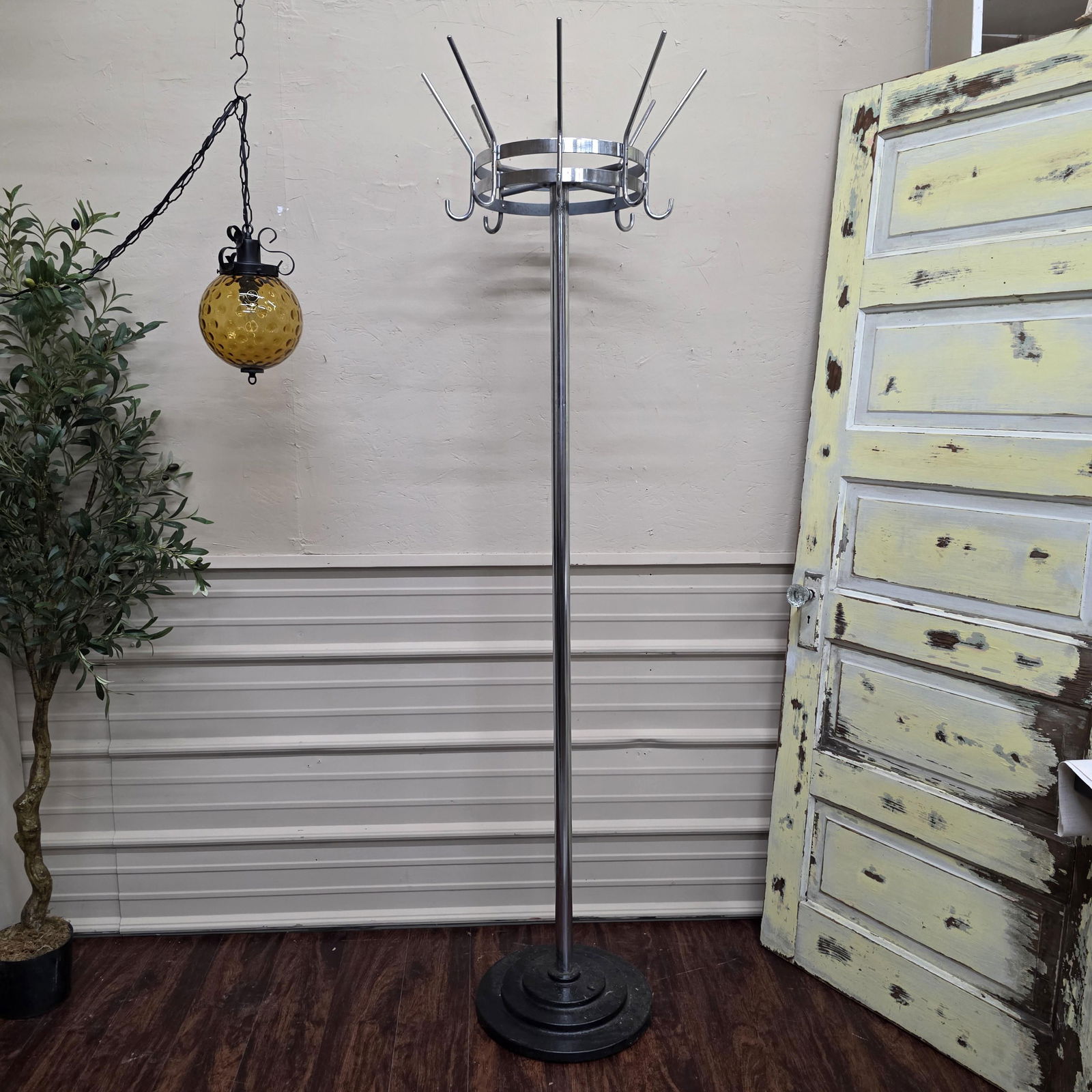 Vintage Commercial Coat Rack Stand, Rotating Crown, Chrome & Steel, Loft Modernist Entryway - 6