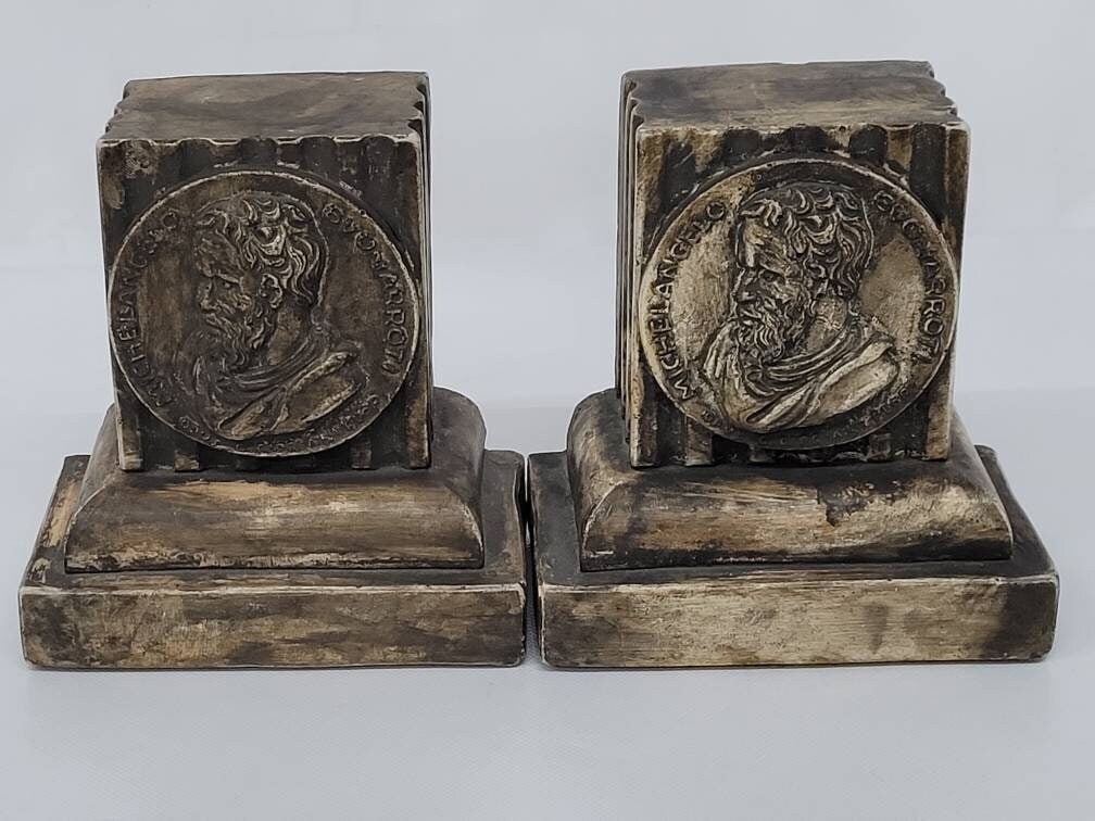 Vintage Michelangelo Buonarroti Bookends Chalkware Plaster Grand Tour Neoclassical Library Decor - 4