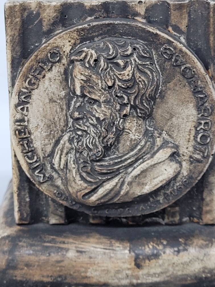 Vintage Michelangelo Buonarroti Bookends Chalkware Plaster Grand Tour Neoclassical Library Decor - 5