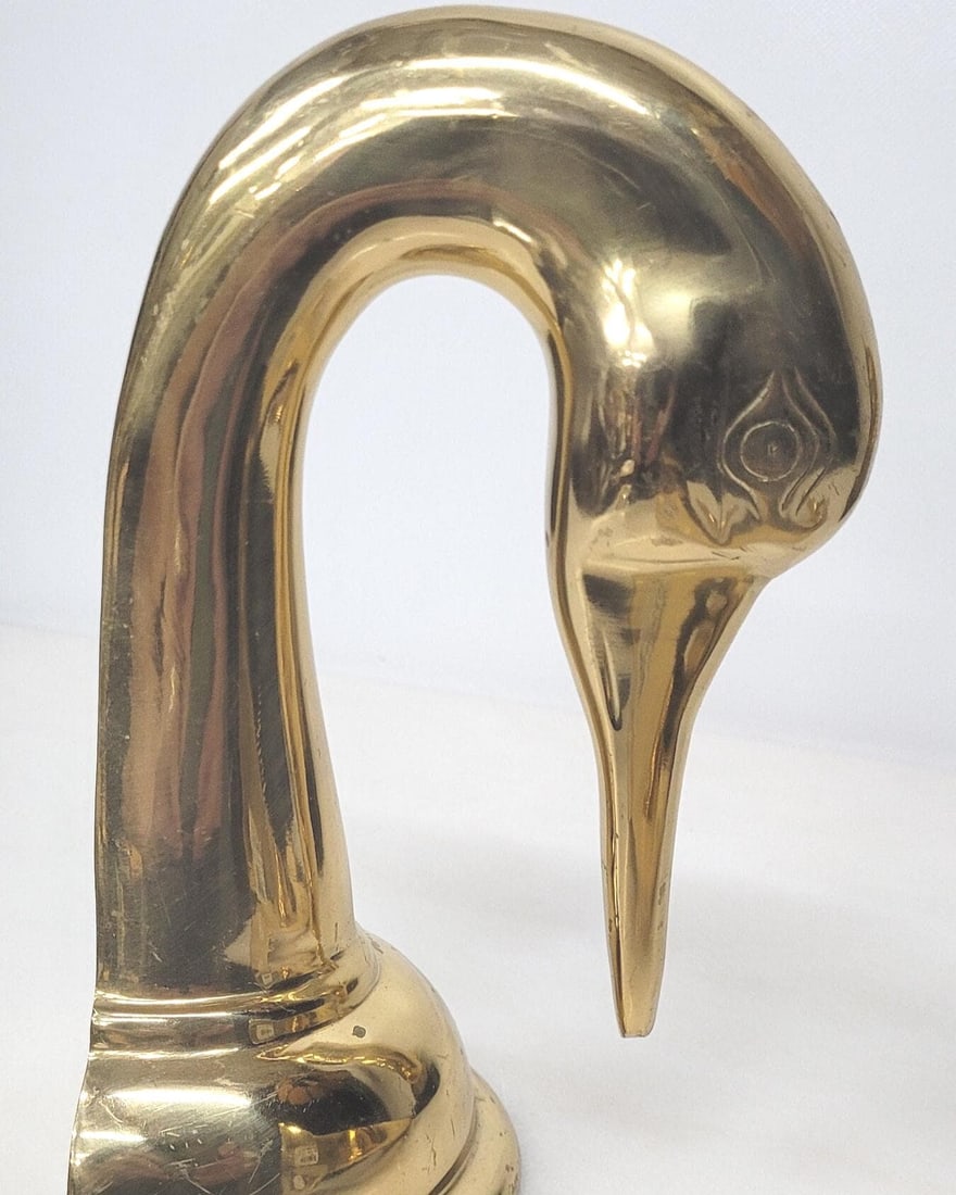 Vintage Brass Swan Head Bookends Pair Hollywood Regency Glam Mid Century Bird Decorative Library - 2
