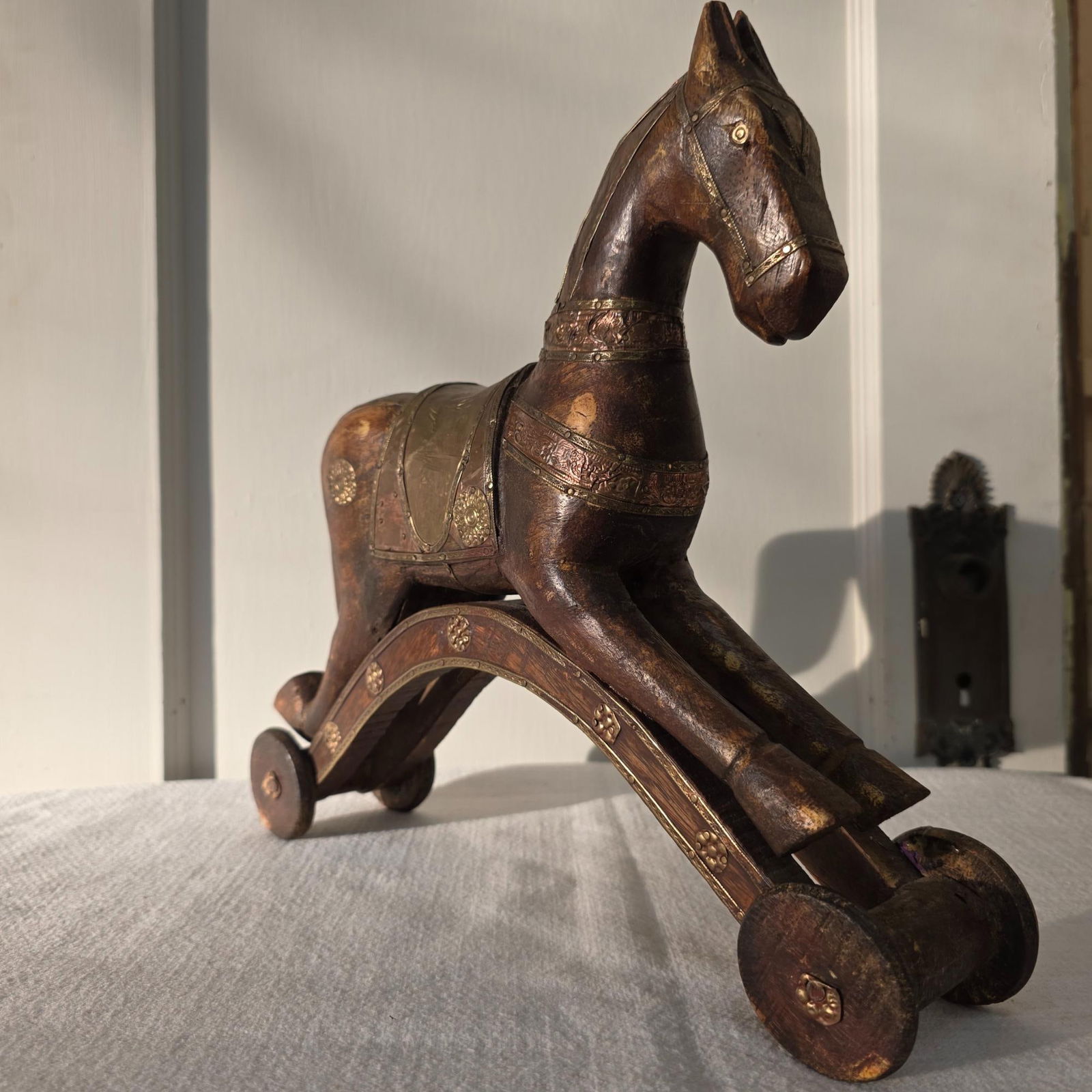 Antique Wooden Toy Horse on Wheels c1900 European Nursery Decor Brass Copper Inlay Folk Style Pull: Title: Antique Wooden Toy Horse on Wheels c1900 European Nursery Decor Brass Copper Inlay Folk Style Pull Toy 13” Description: Vintage from the 1950s Materials: Brass, copper, wood Antique