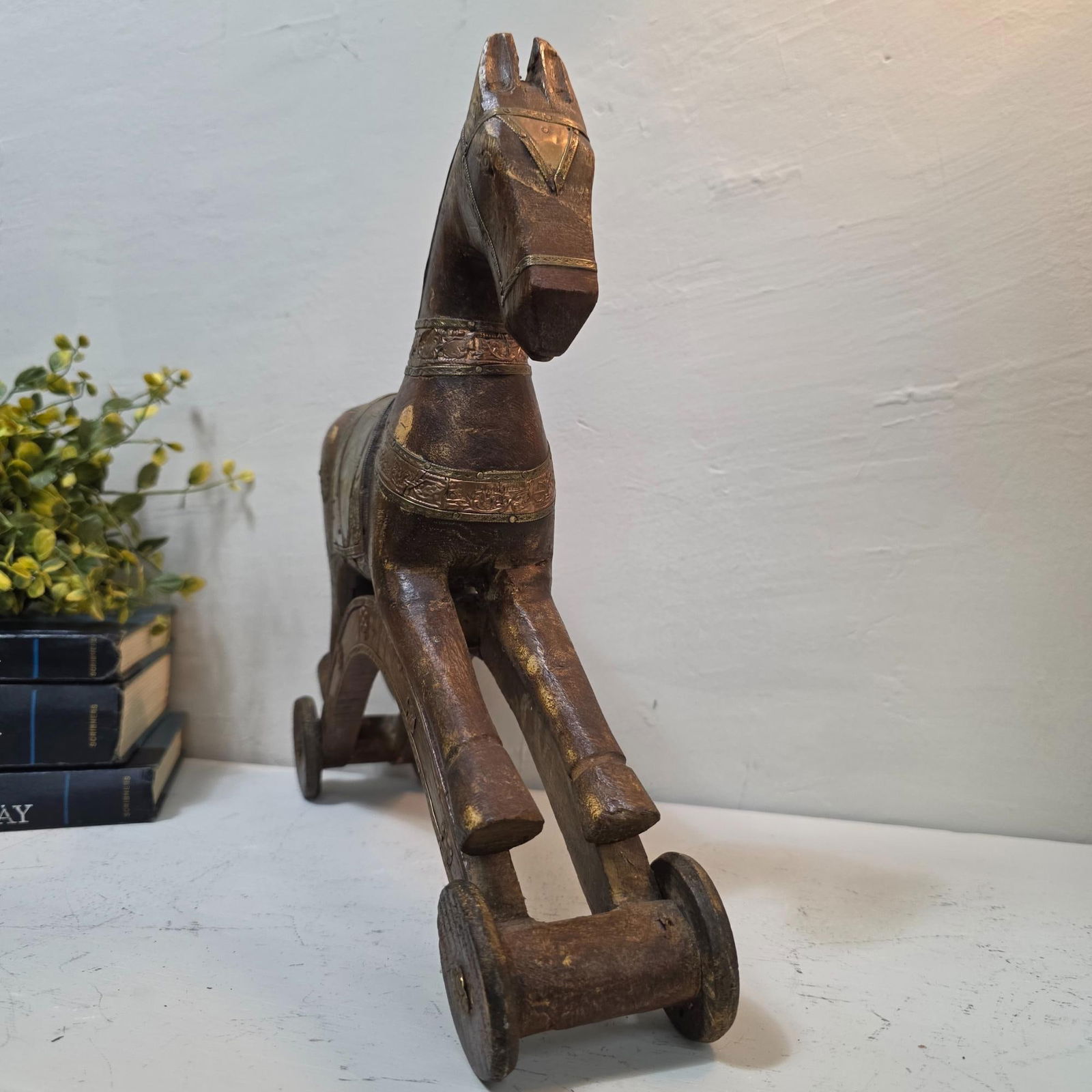 Antique Wooden Toy Horse on Wheels c1900 European Nursery Decor Brass Copper Inlay Folk Style Pull - 4