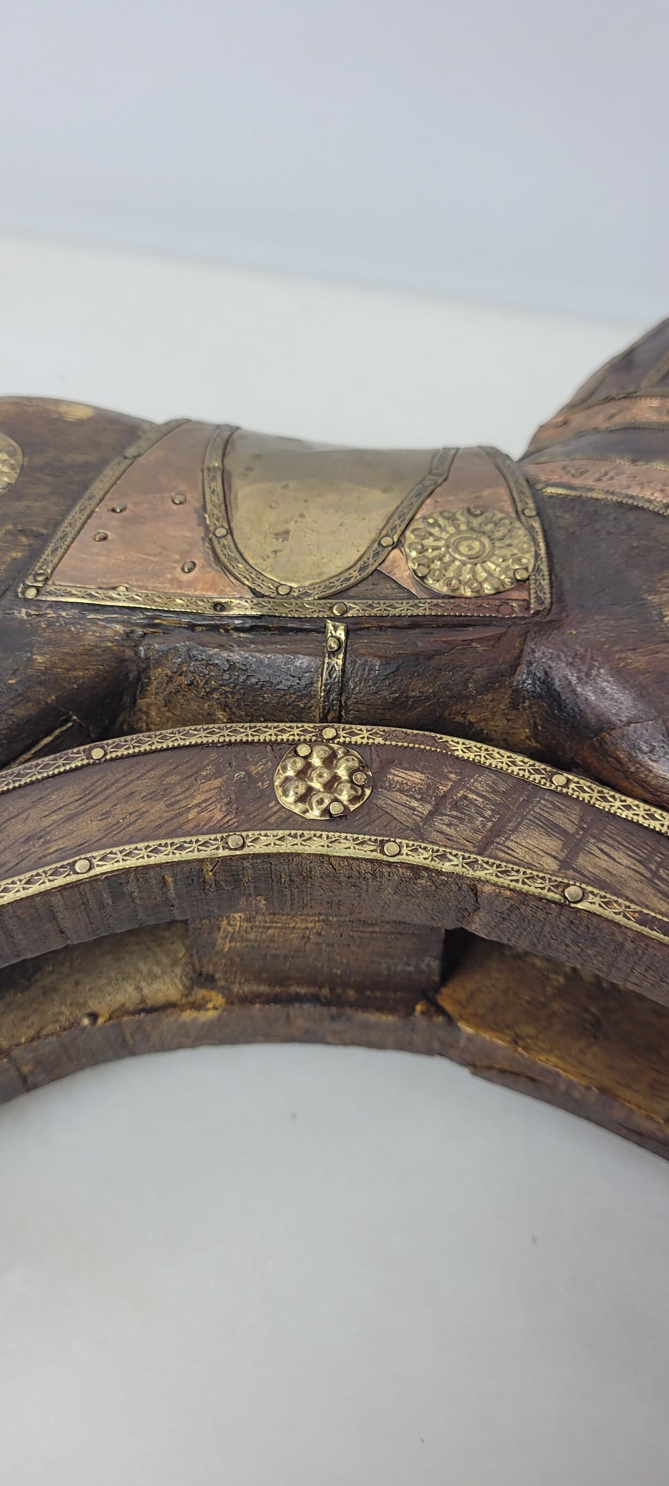 Antique Wooden Toy Horse on Wheels c1900 European Nursery Decor Brass Copper Inlay Folk Style Pull - 7