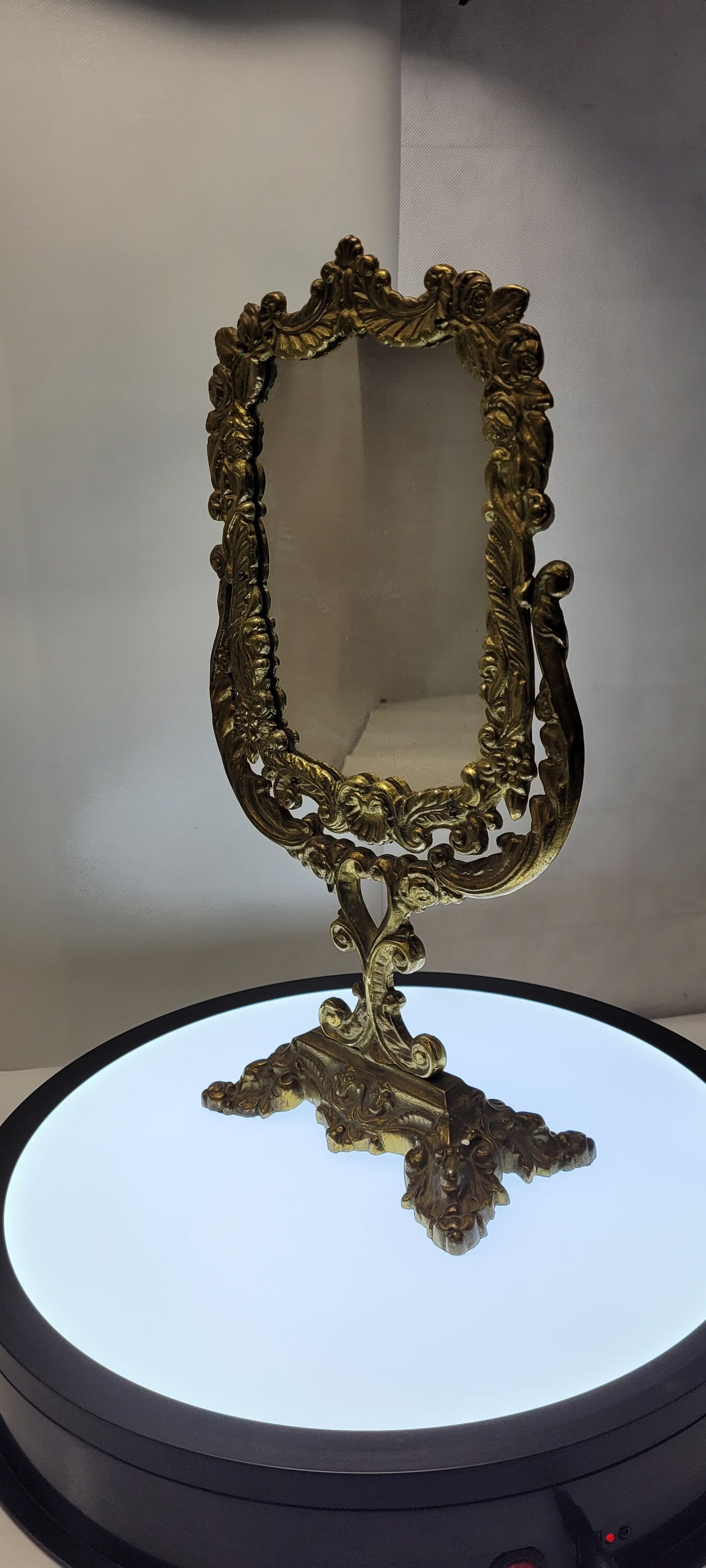 Vintage Brass Mirror Vanity Make Up Flip Antique Cast Metal Ornate Design Neoclassical Gold (1 of 4)