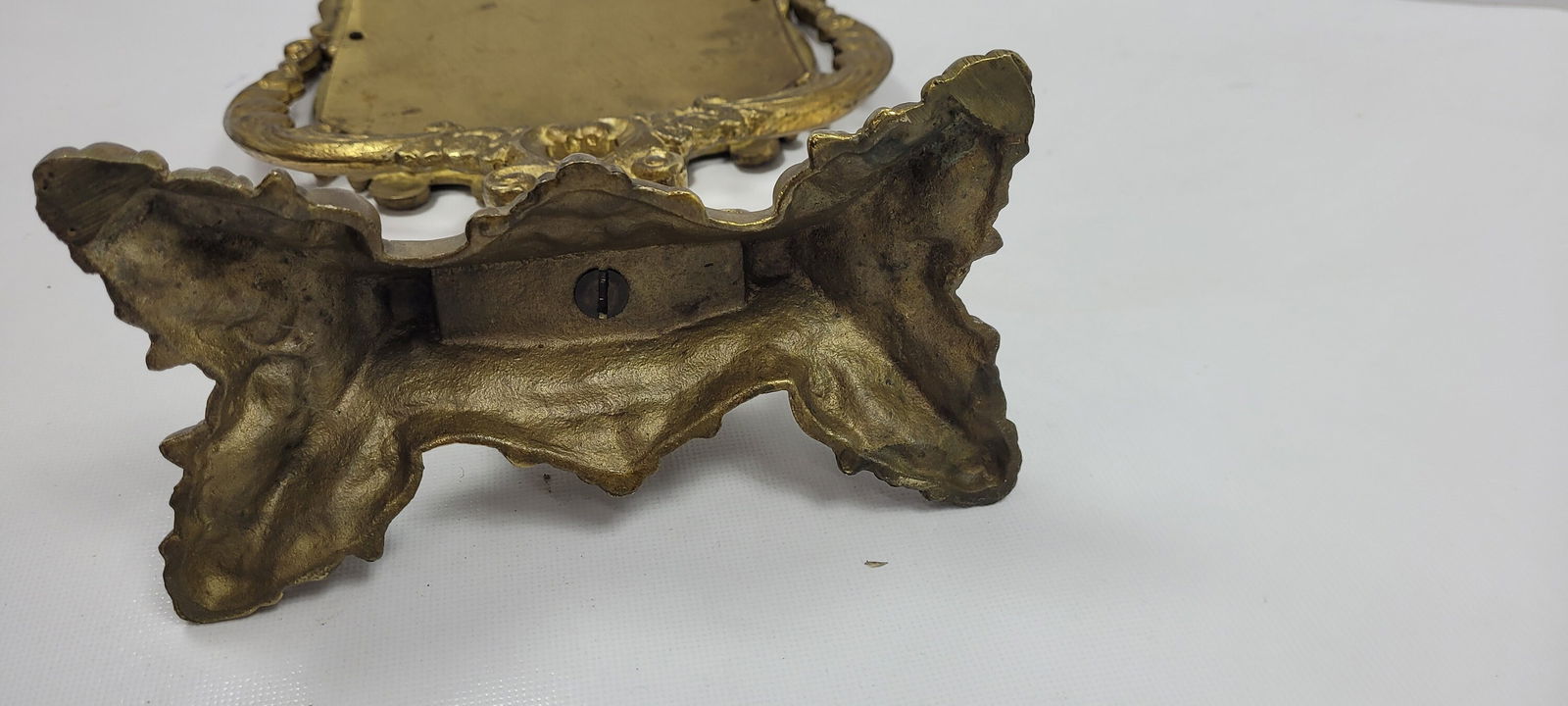 Vintage Brass Mirror Vanity Make Up Flip Antique Cast Metal Ornate Design Neoclassical Gold - 2