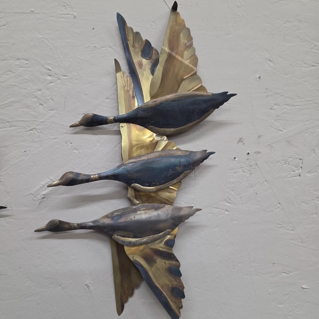 Vintage Brass Flying Geese Set of 2 Mid Century Modern Wall Art, Brass Birds Sculpture, 1960s 1970s - 3