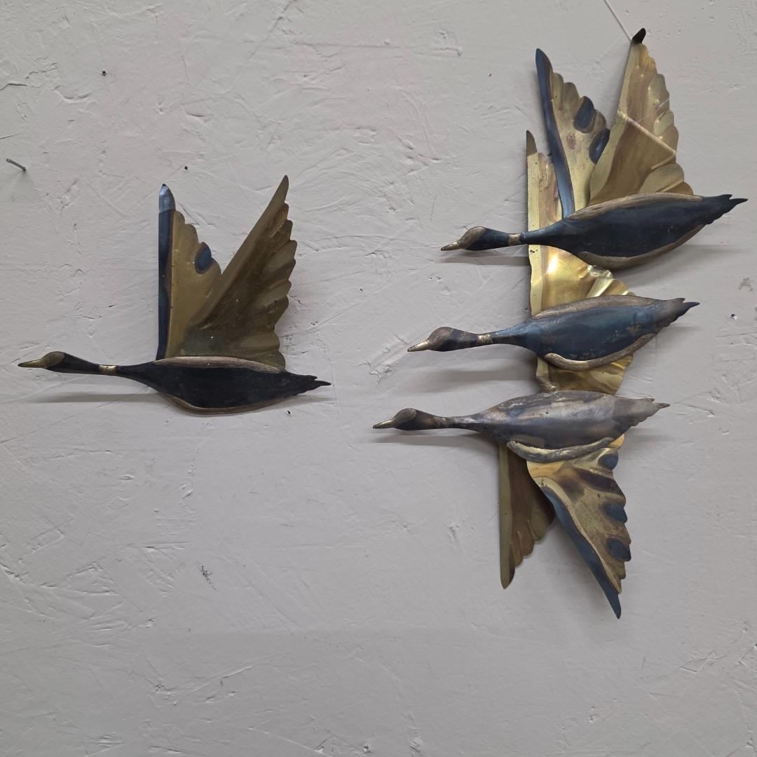 Vintage Brass Flying Geese Set of 2 Mid Century Modern Wall Art, Brass Birds Sculpture, 1960s 1970s - 5
