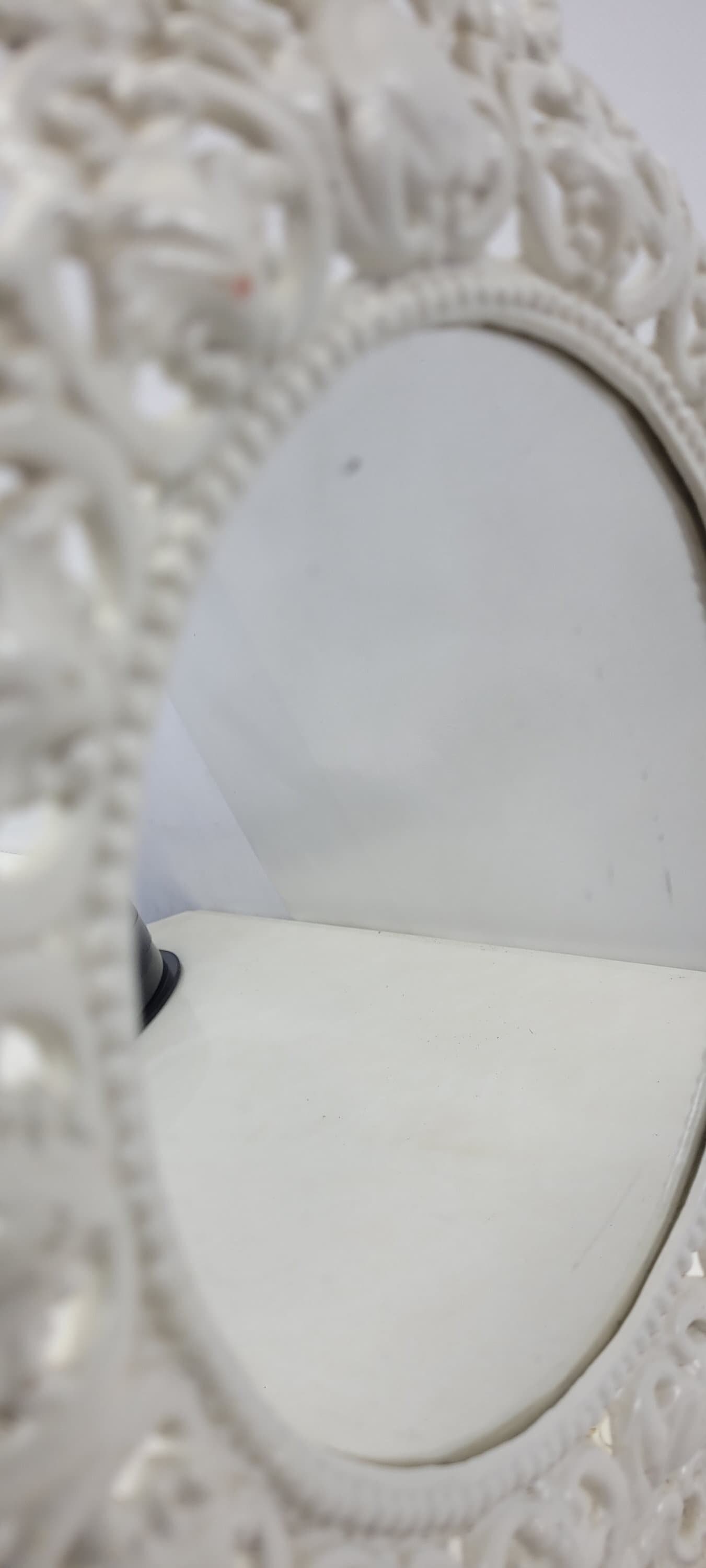 Vintage white vanity mirror cast brass round art nouveau easel back table hollywood regency - 4