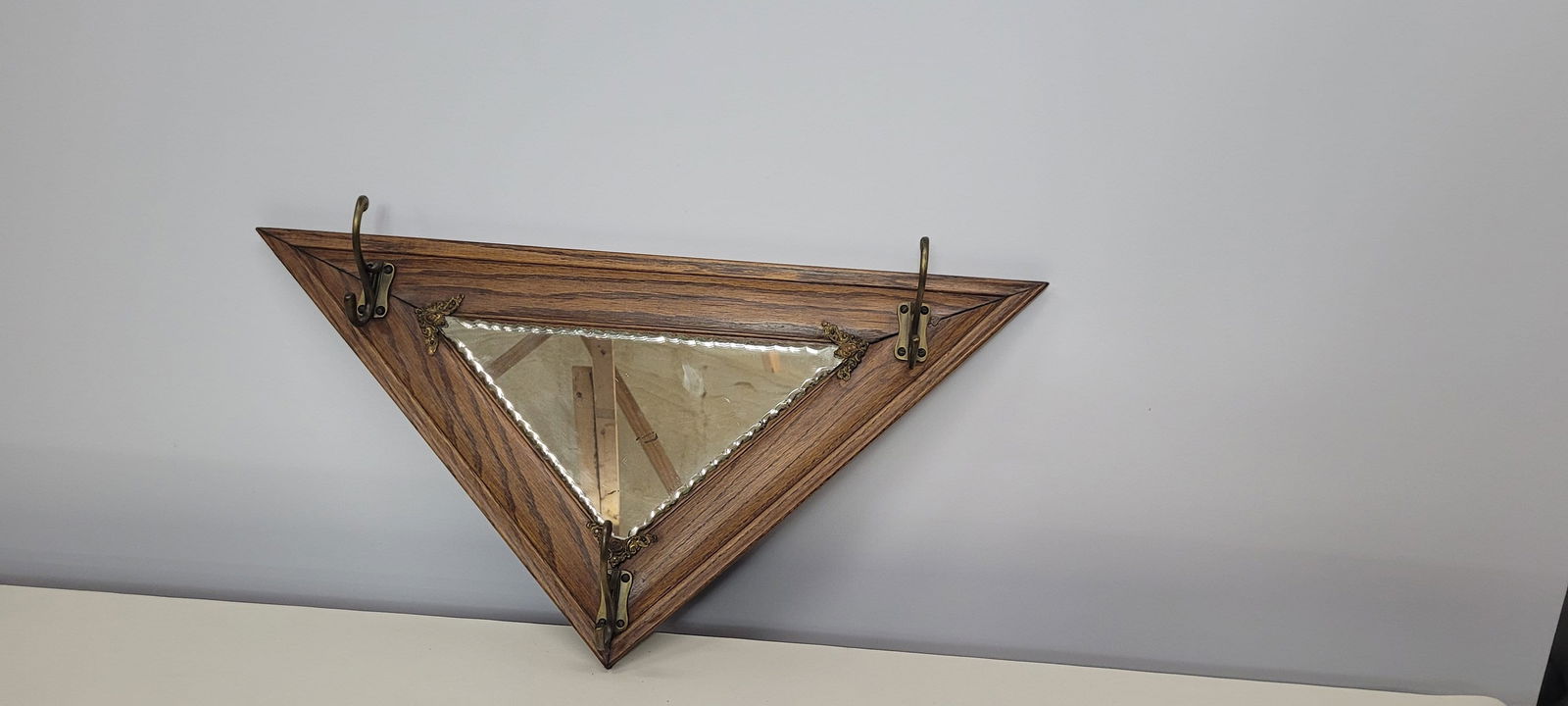 Antique Wood Triangle Wall Mirror and Hat Coat Rack Hanging 3 hook display rustic western - 2