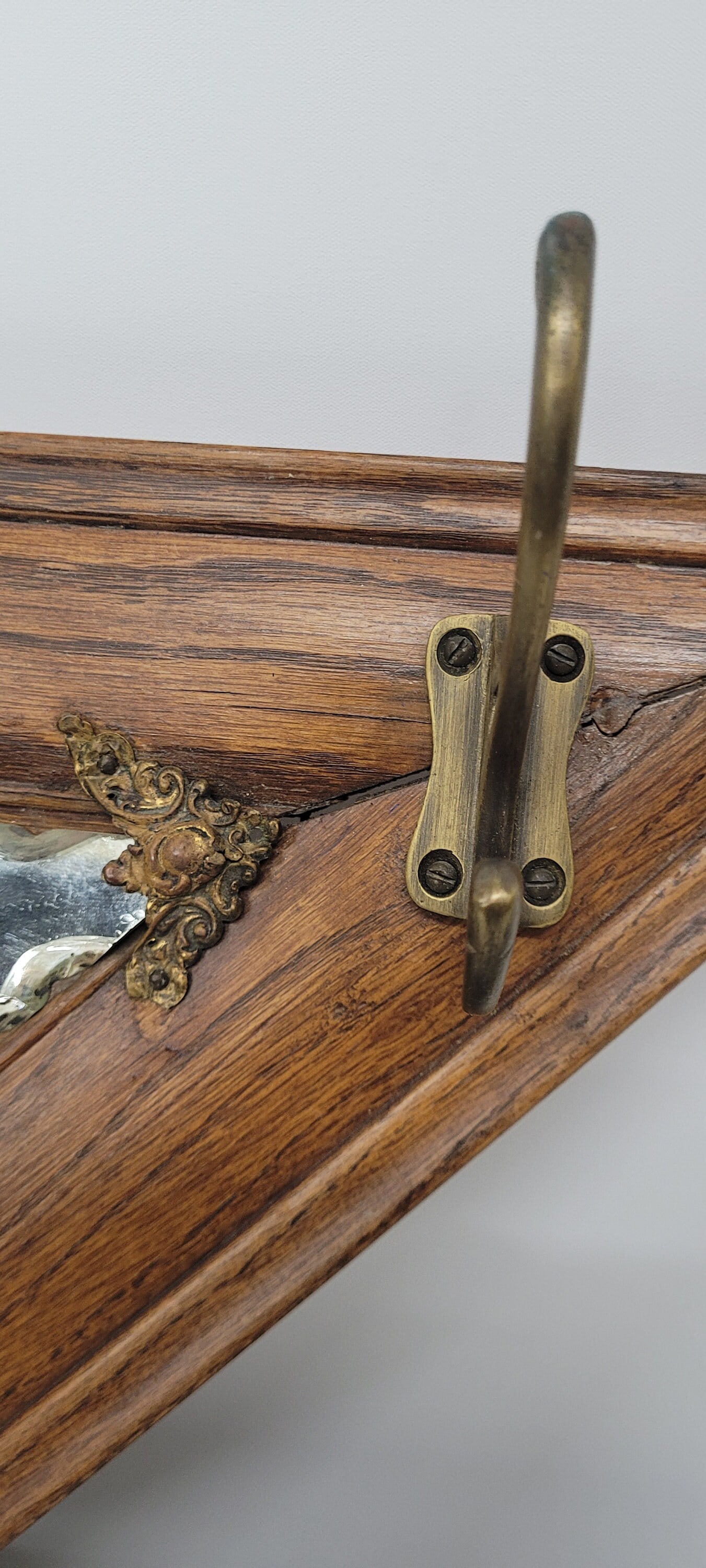 Antique Wood Triangle Wall Mirror and Hat Coat Rack Hanging 3 hook display rustic western - 3