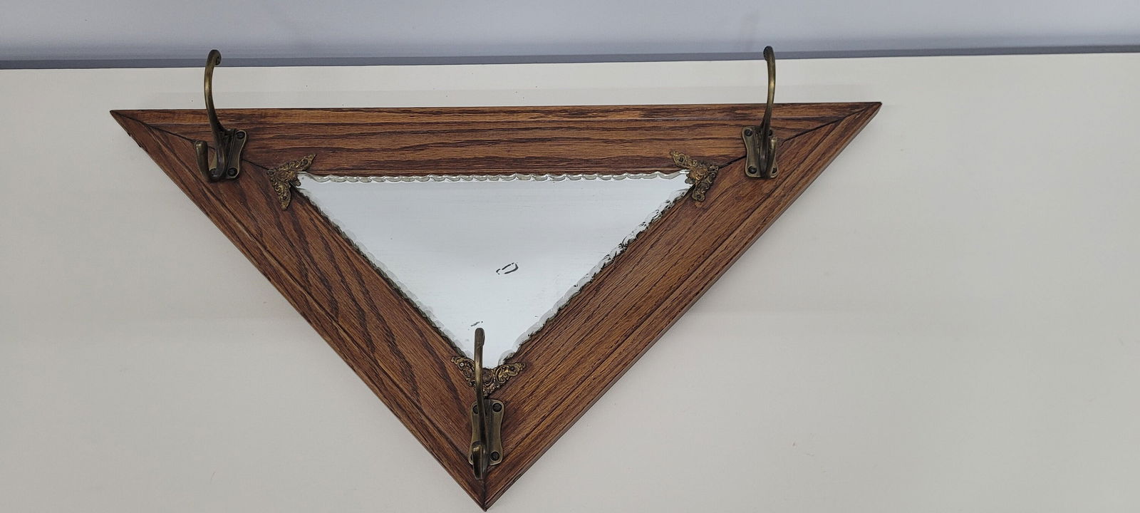 Antique Wood Triangle Wall Mirror and Hat Coat Rack Hanging 3 hook display rustic western - 6
