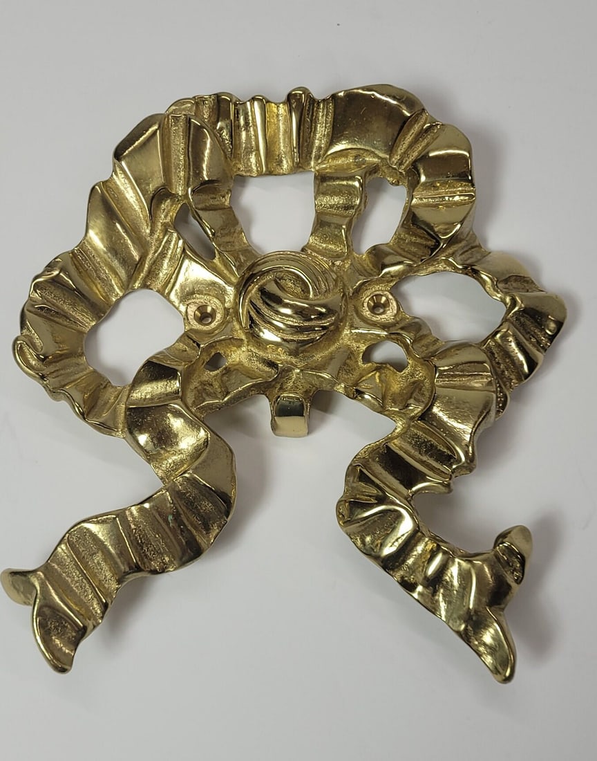 Vintage Brass Wall Medallion Neoclassical decorative Bow Garden Plaque Hardware pediment - 2