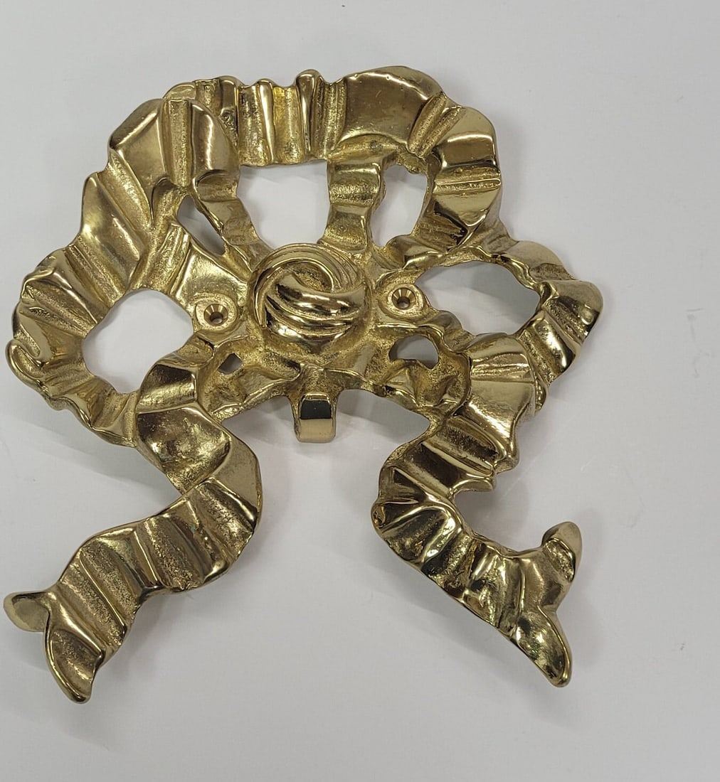 Vintage Brass Wall Medallion Neoclassical decorative Bow Garden Plaque Hardware pediment - 3