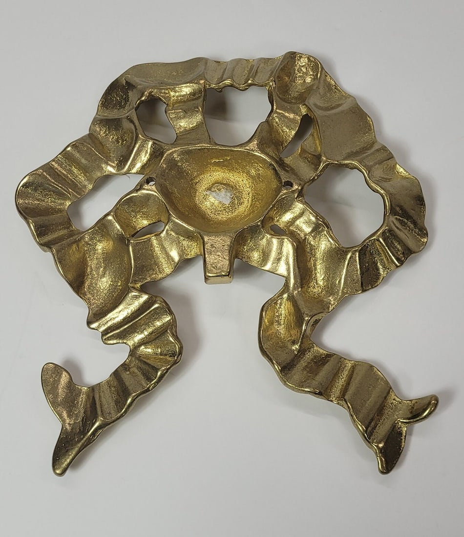 Vintage Brass Wall Medallion Neoclassical decorative Bow Garden Plaque Hardware pediment - 4