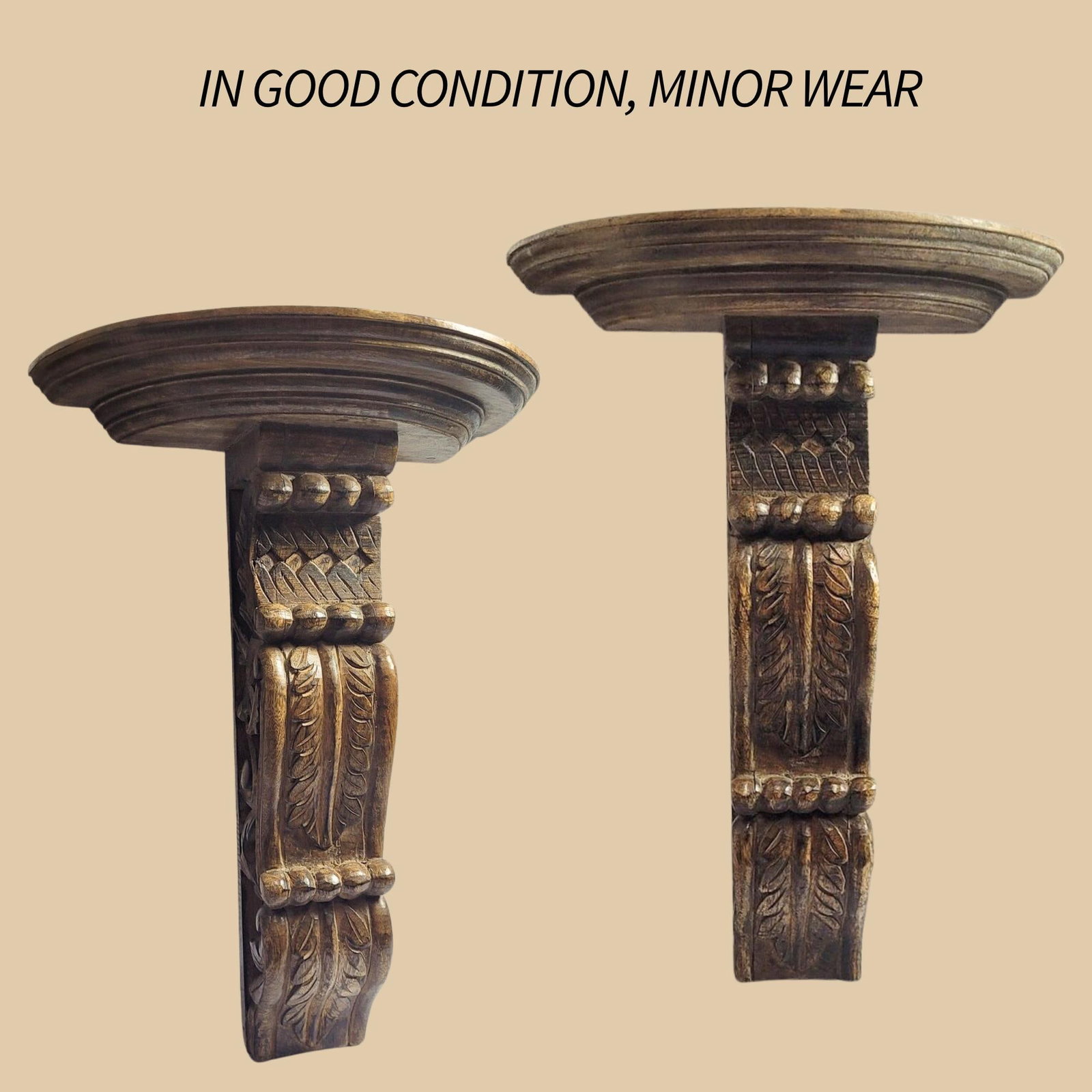 Vintage Wood Wall Shelves Pair Sconces Hand carved Corbel Display for Home Decor - 5