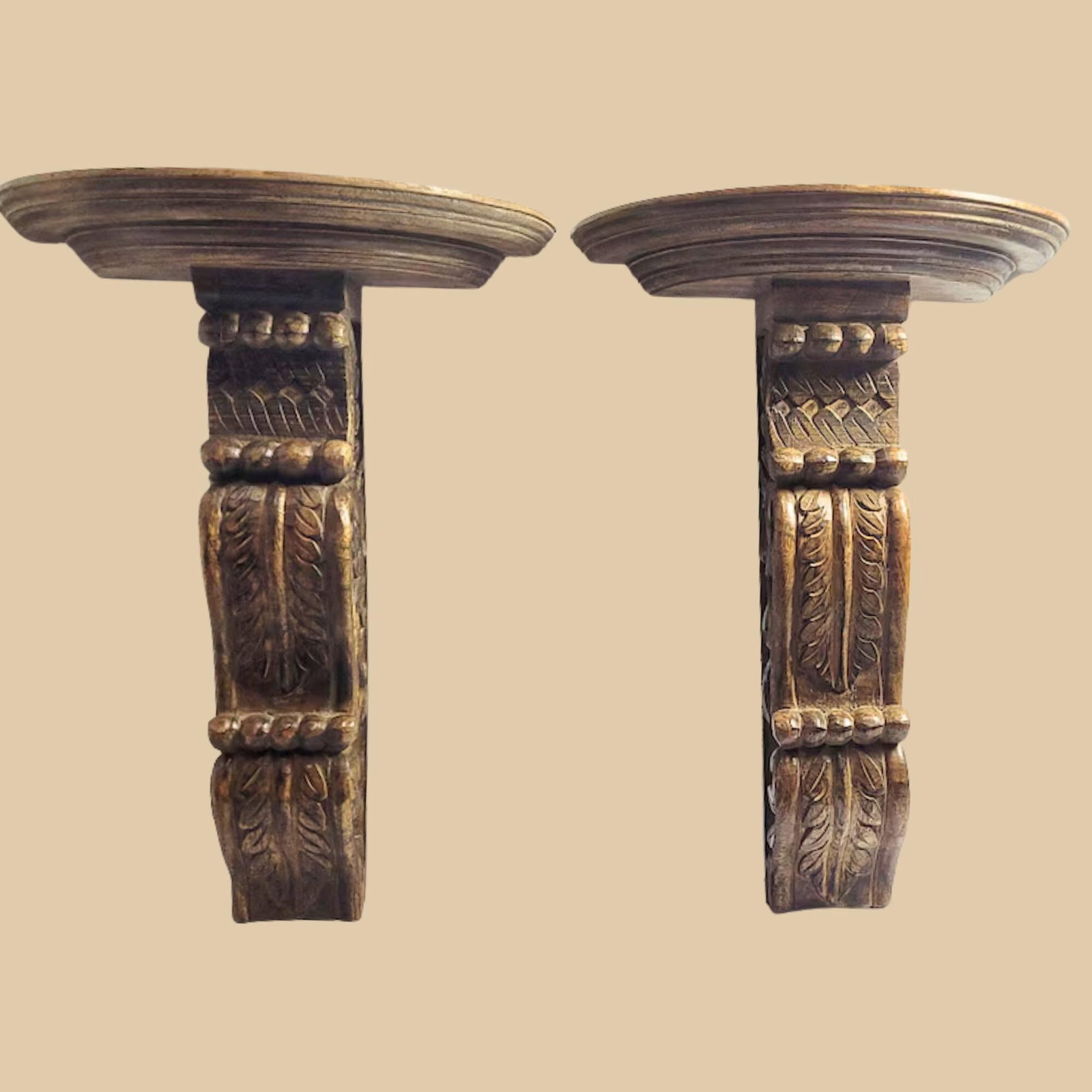 Vintage Wood Wall Shelves Pair Sconces Hand carved Corbel Display for Home Decor - 7