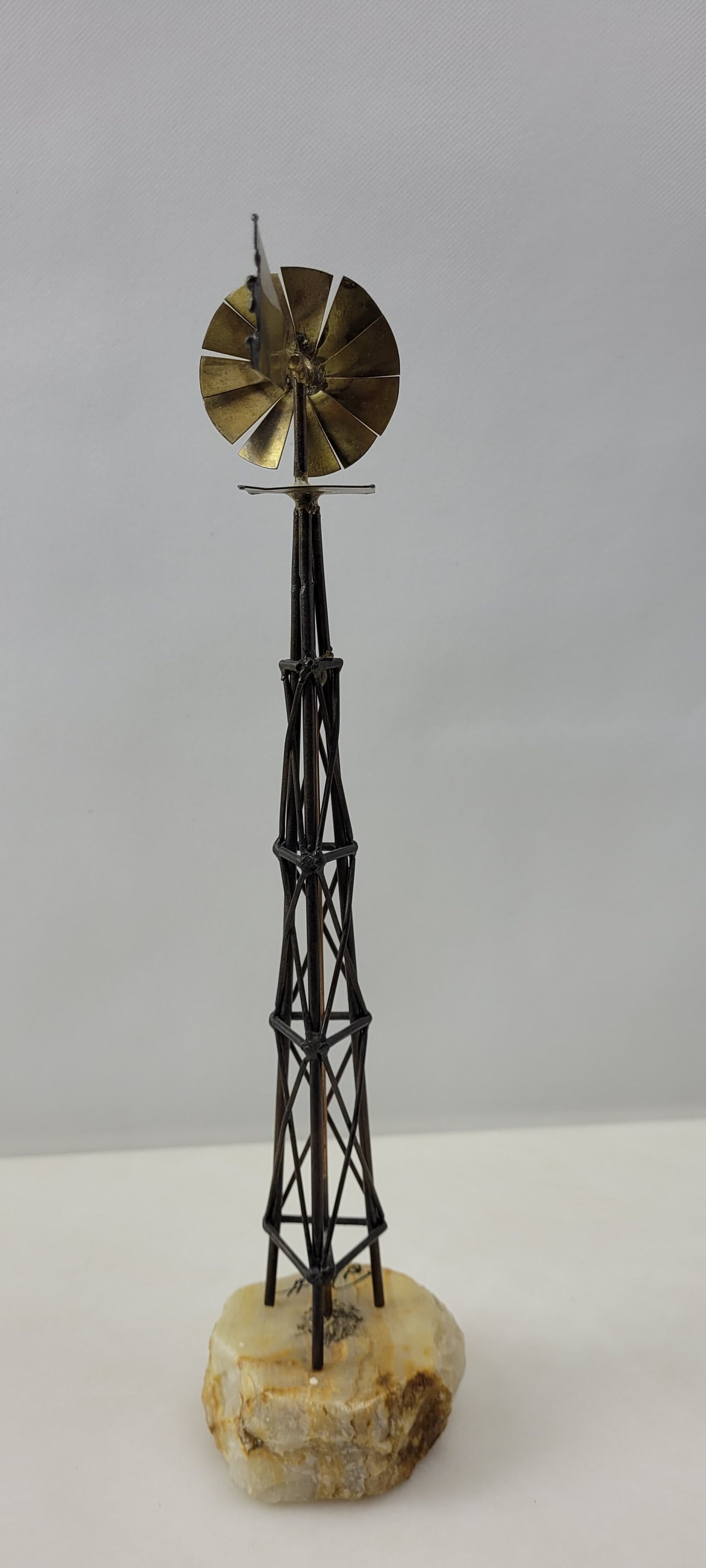 Vintage Brutalist Sculpture Signed DeMott Metal Windmill Statue on Stone Rustic Americana Desk - 2